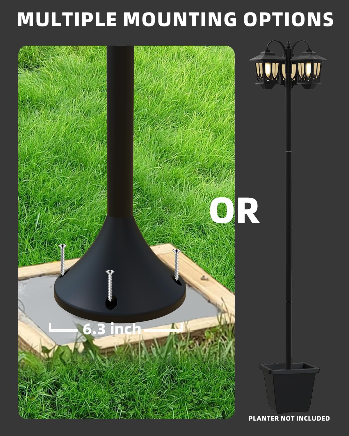 DOESLAG 73in Aluminum Solar Lamp Post Light 3-Head Waterproof Black UV-Resistant Plastic Model 18H0218-01