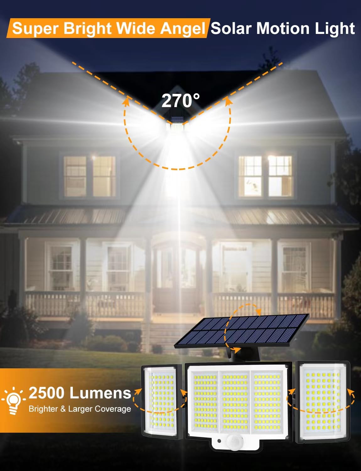 Yoyonacy 2500 Lumen Solar Motion Lights Outdoor, 3 Heads, Waterproof Security Flood Lights