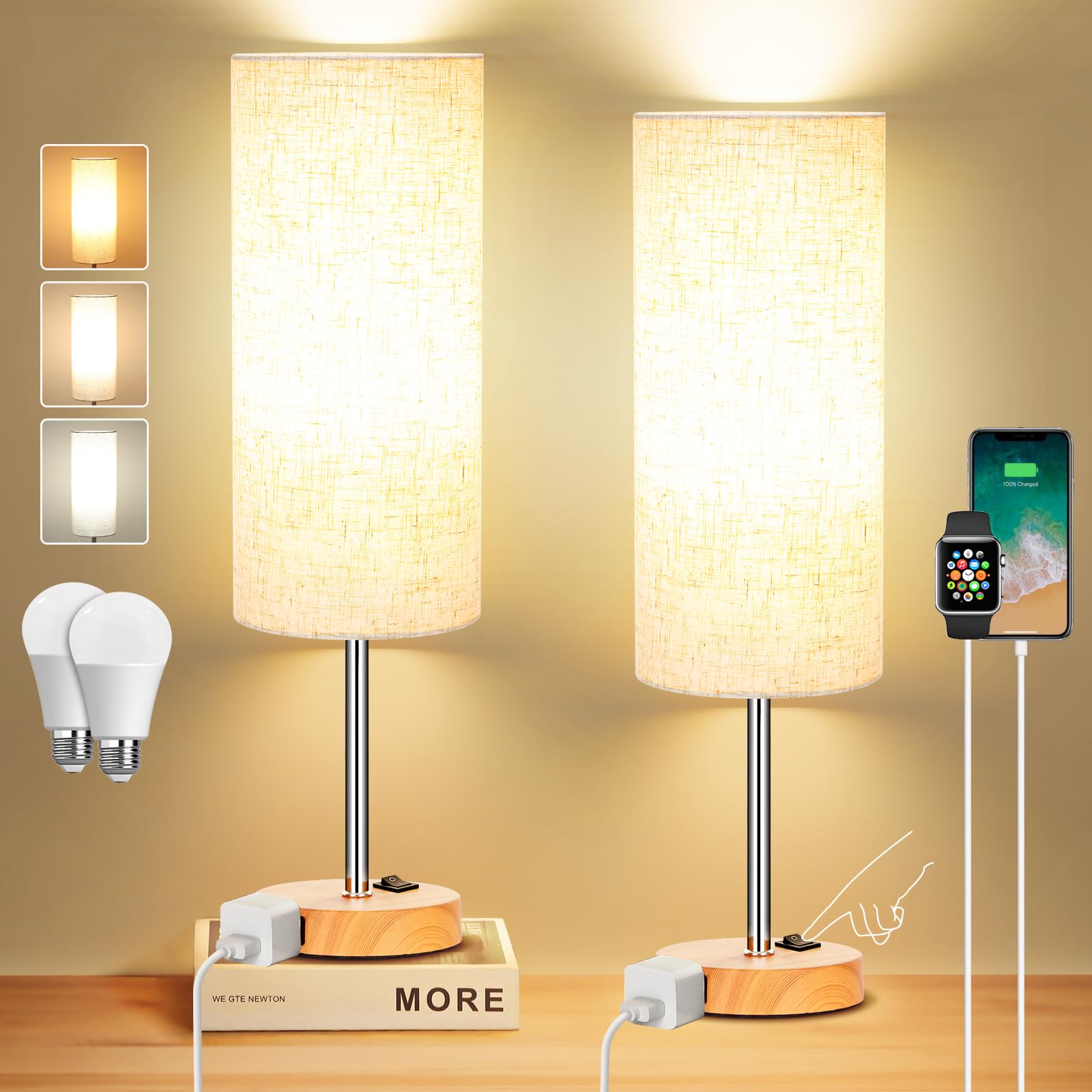 ZJOJO Table Lamp 2 Pack, 18in Dimmable with Rocker Switch, Flaxen Fabric Shade, Woodgrain Base, Model RD-PTL6W-036