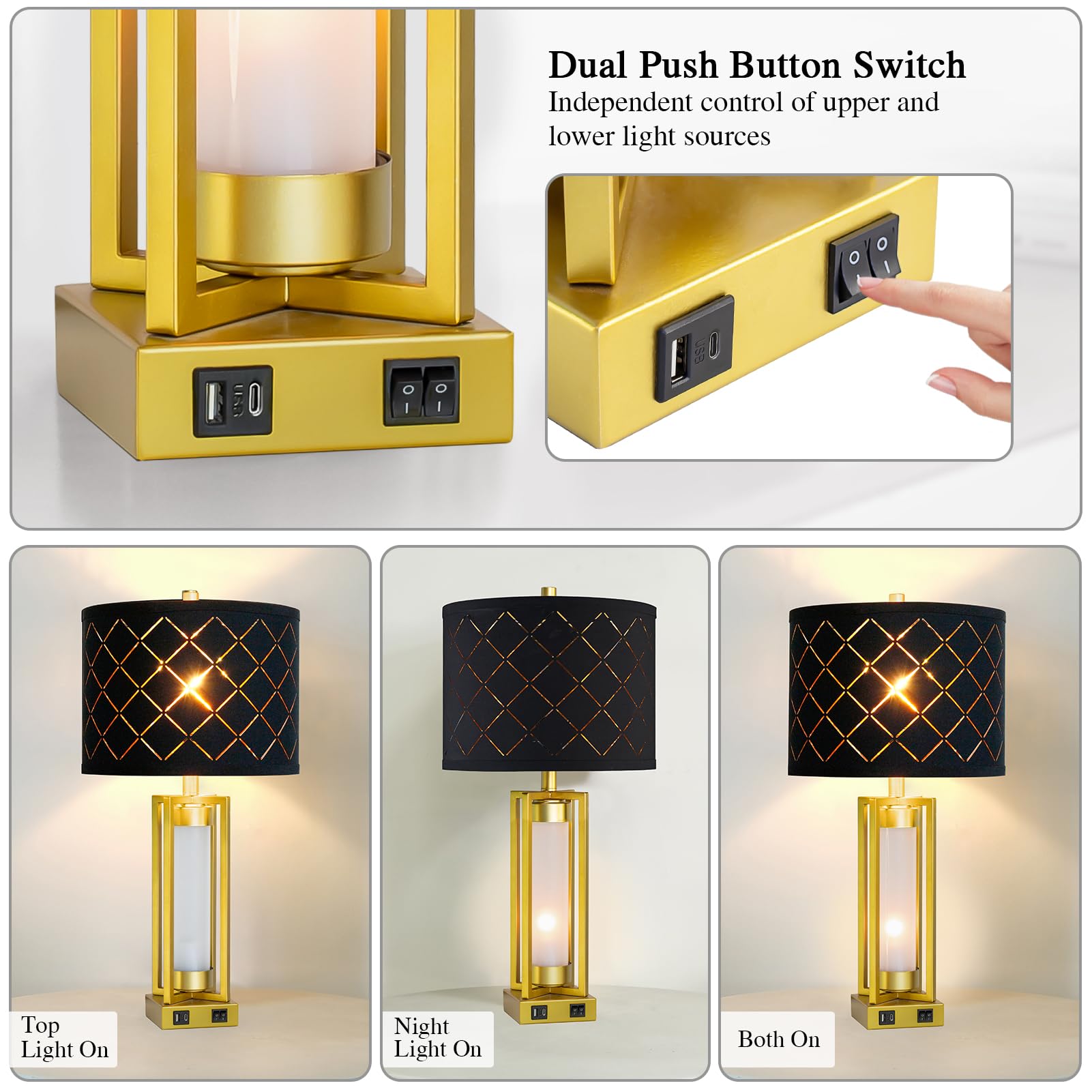 Roriano Set Of 2 Modern Table Lamps For Living Room Bedroom With Usb C+A, Rustic Nightstand Lamps With White Night Light, Black