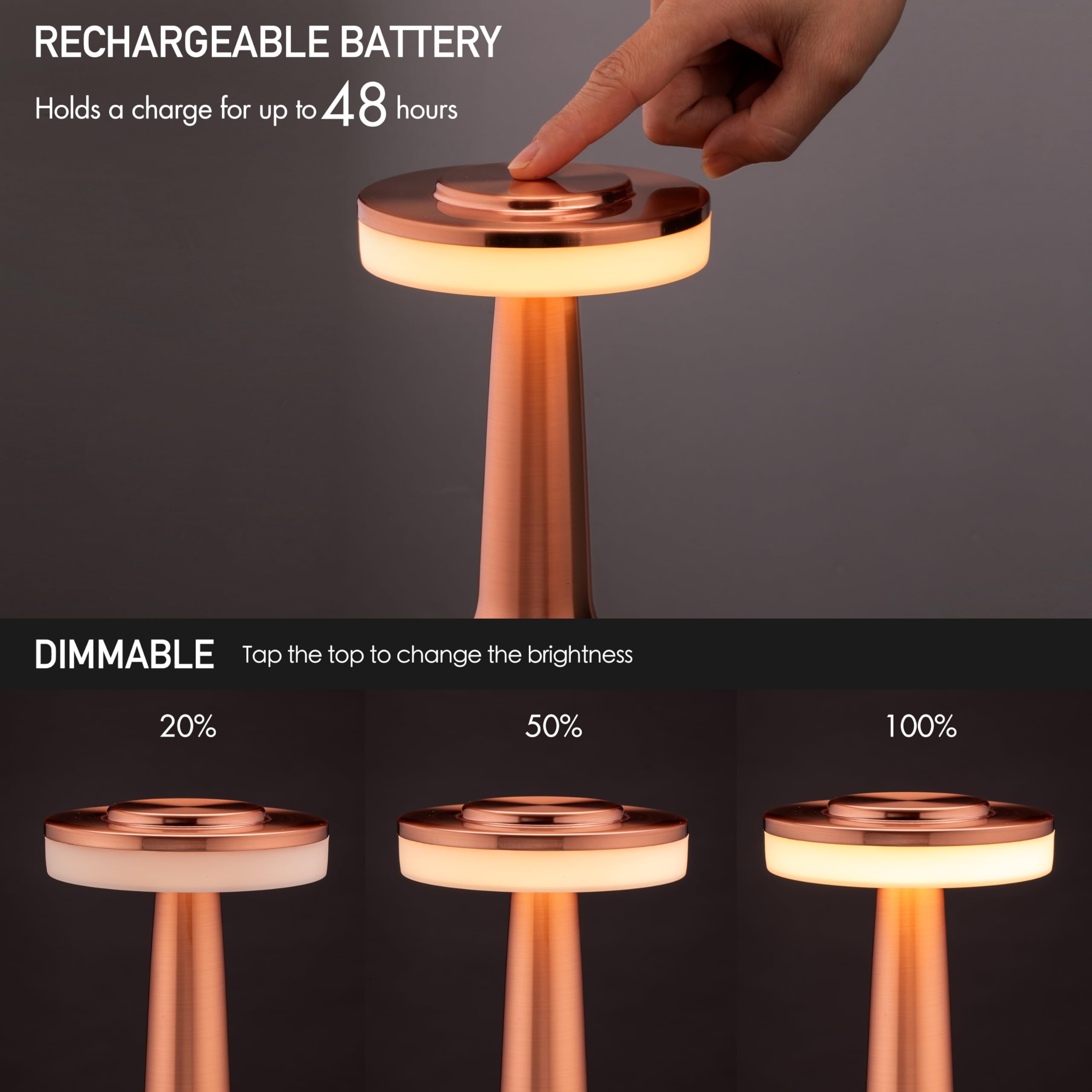 OBright Portable LED Table Lamp, Touch Sensor, 3 Levels Brightness, Rechargeable, Rose Gold, Model OB-TL01B