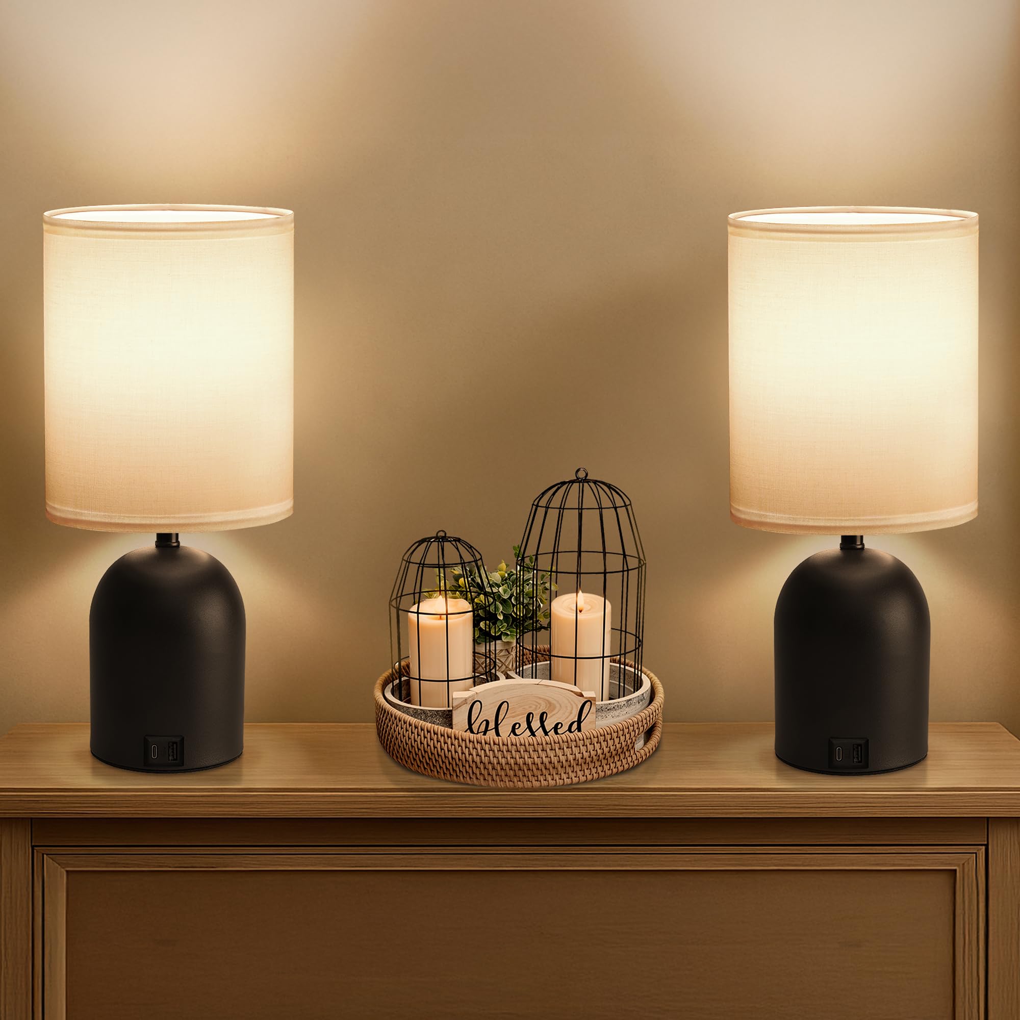 Fttoyoly Bedside Black Table Lamps Set Of 2 For Bedroom, 3 Way Dimmable Touch Nightstand Lamp With Usb C And A Ports Small Table