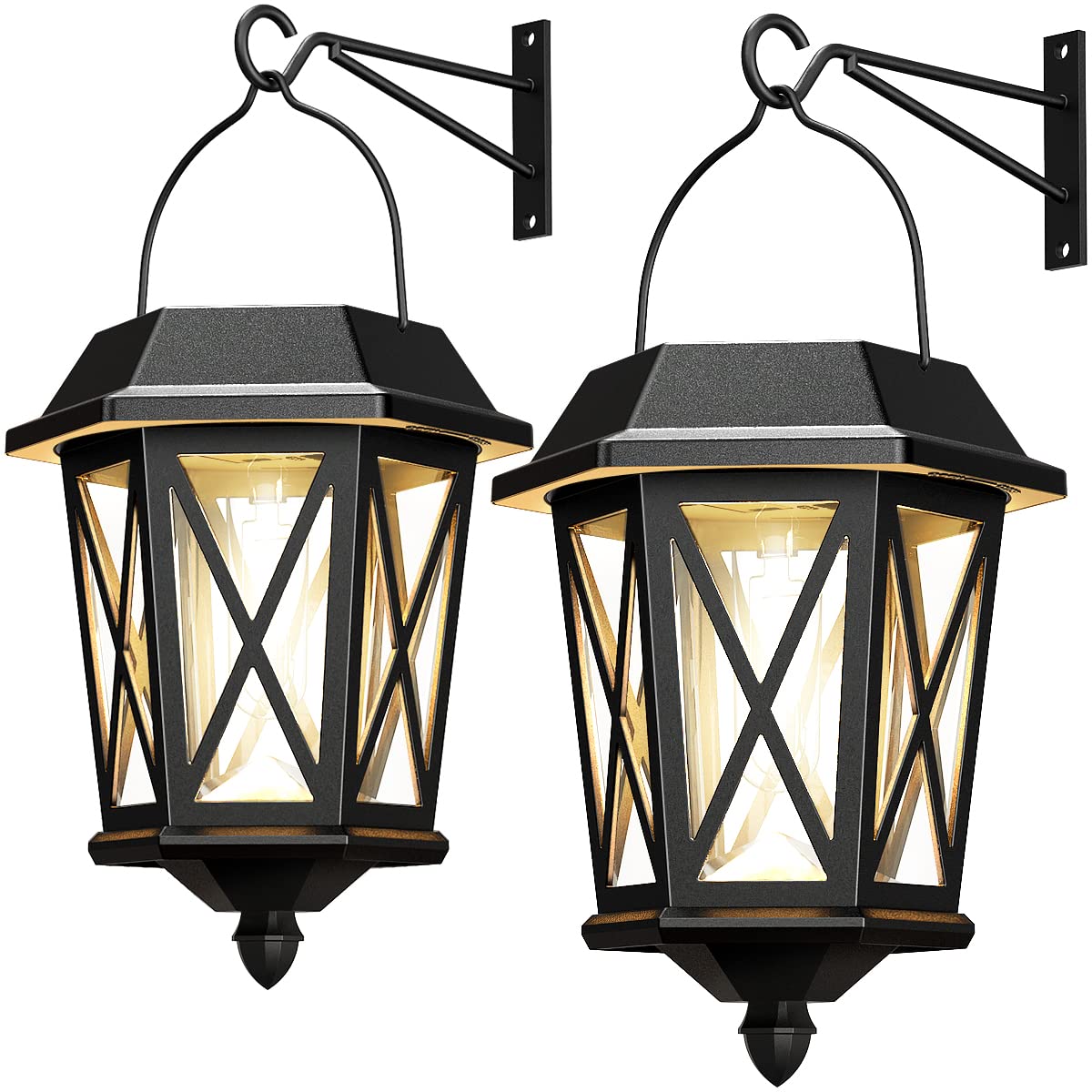 Teklaps Solar Lanterns - Waterproof Metal Hanging Lights, Led, Black, 2 Pack, Model Zz-24A, Ideal For Yard & Garden