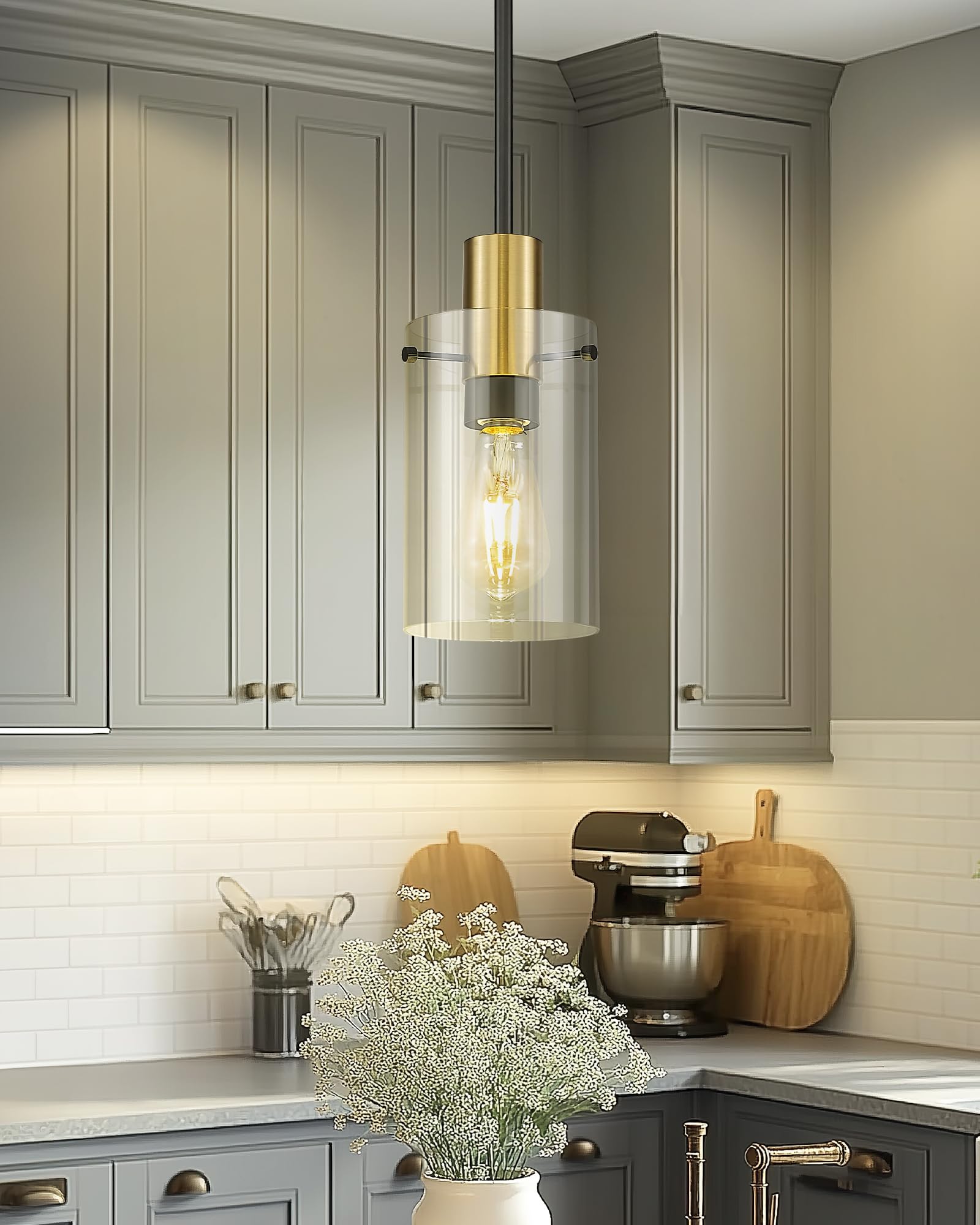 Emak 2 Pack Black And Gold Pendant Light,Modern 5 Inch Pendant Lights Kitchen Island With Clear Glass Shade, Farmhouse Kitchen I
