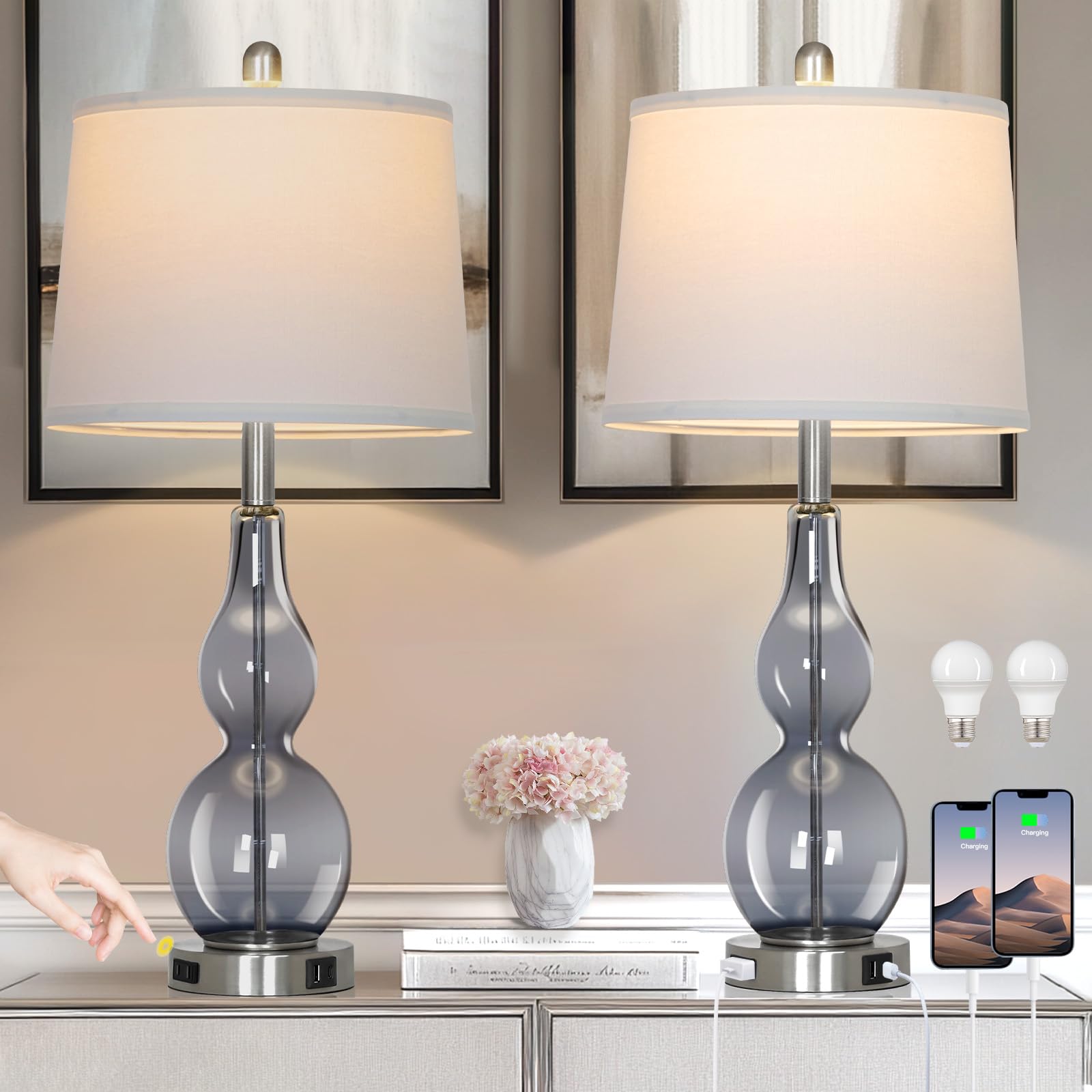 Rinweey 27.5 Gray Clear Glass Table Lamp Set of 2 3-Way Dimmable Touch Control Bedside Lamps with USB Ports and AC Outlet  Modern Nightstand Lamps for Bedroom Living Room