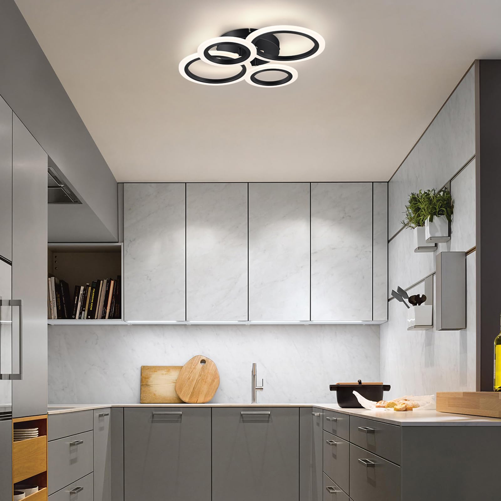 Vikaey Modern Led Flush Mount Ceiling Light, 4 Rings Led Black Close To Ceiling Light, Lighting Fixture Ceiling Lamp For Kitchen, Living Room, Bedroom, Laundry Room, 4000K Not Dimmable