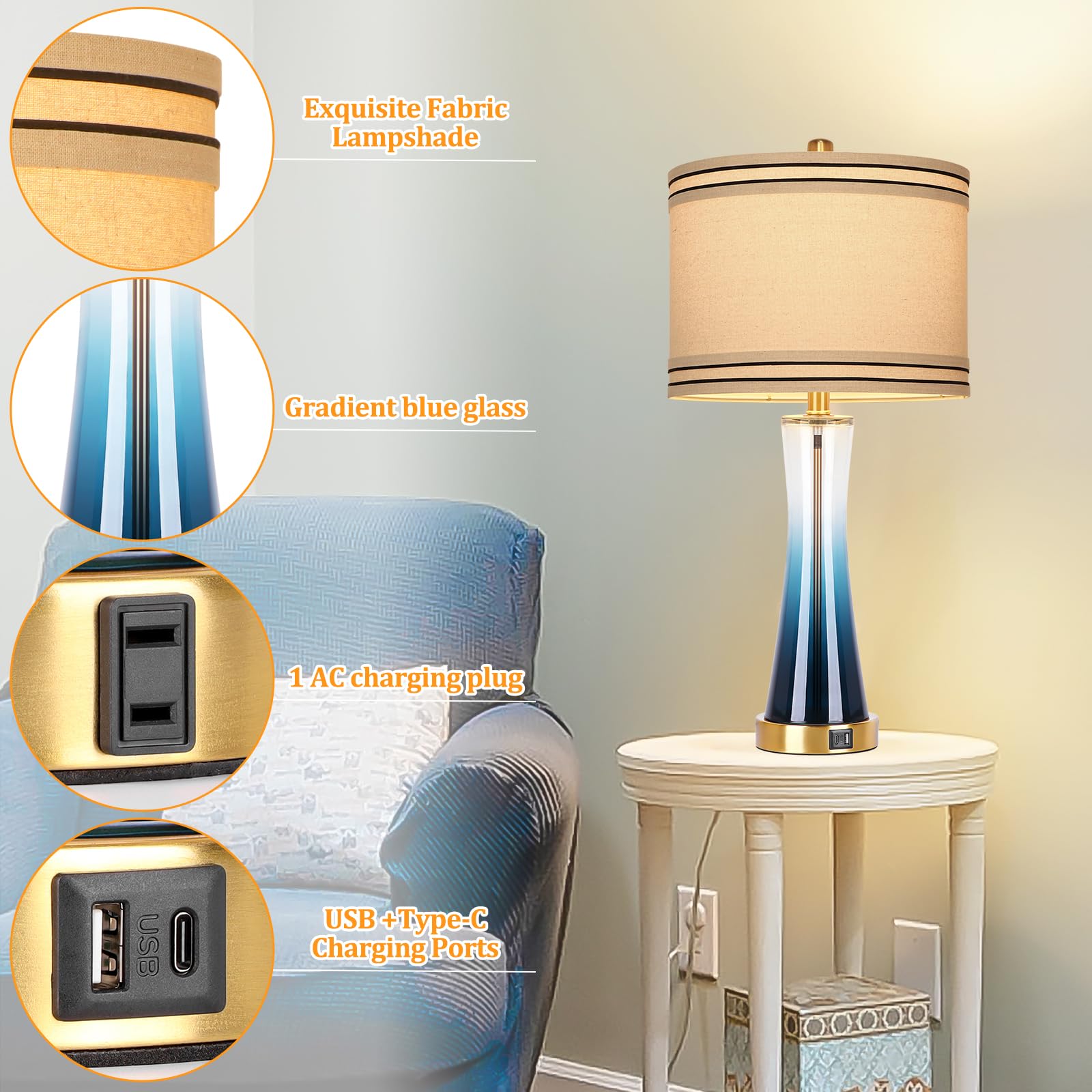 Dott Arts 27.4in Glass Bedside Lamps Set of 2, 3-Way Dimmable with USB Ports, Touch Control, Blue, Model TLA-9W-01
