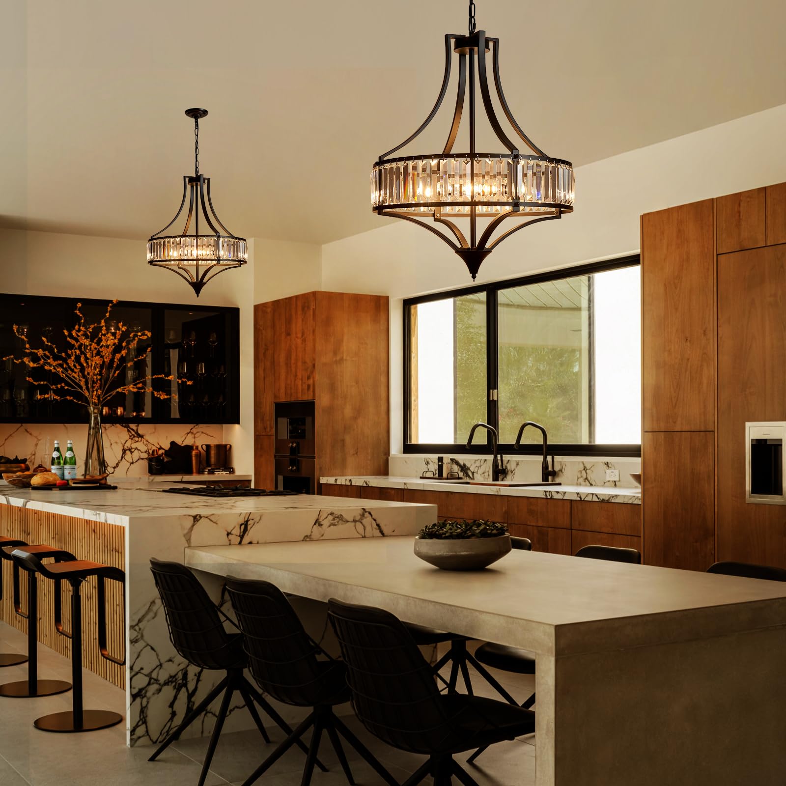 Majhoiw 6-Light Crystal Chandelier - Rustic Black Metal Shade, Large Size for Dining Room, Kitchen Island, Hallway, Model MJ032-BK