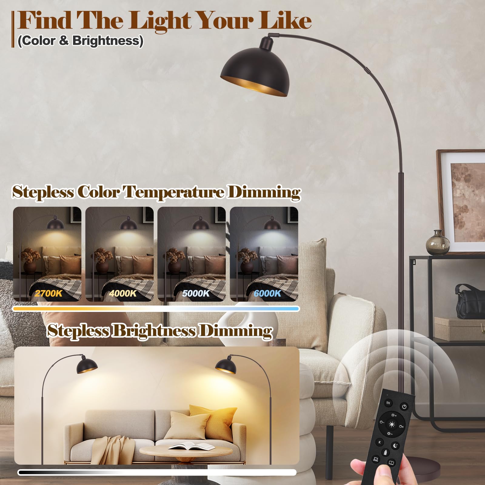 Bronze Arch Floor Lamps For Living Room Dimmable - Upgraded 9W Led Arc Lamp With 4 Color Temperatures, Remote Control Rustic Arc