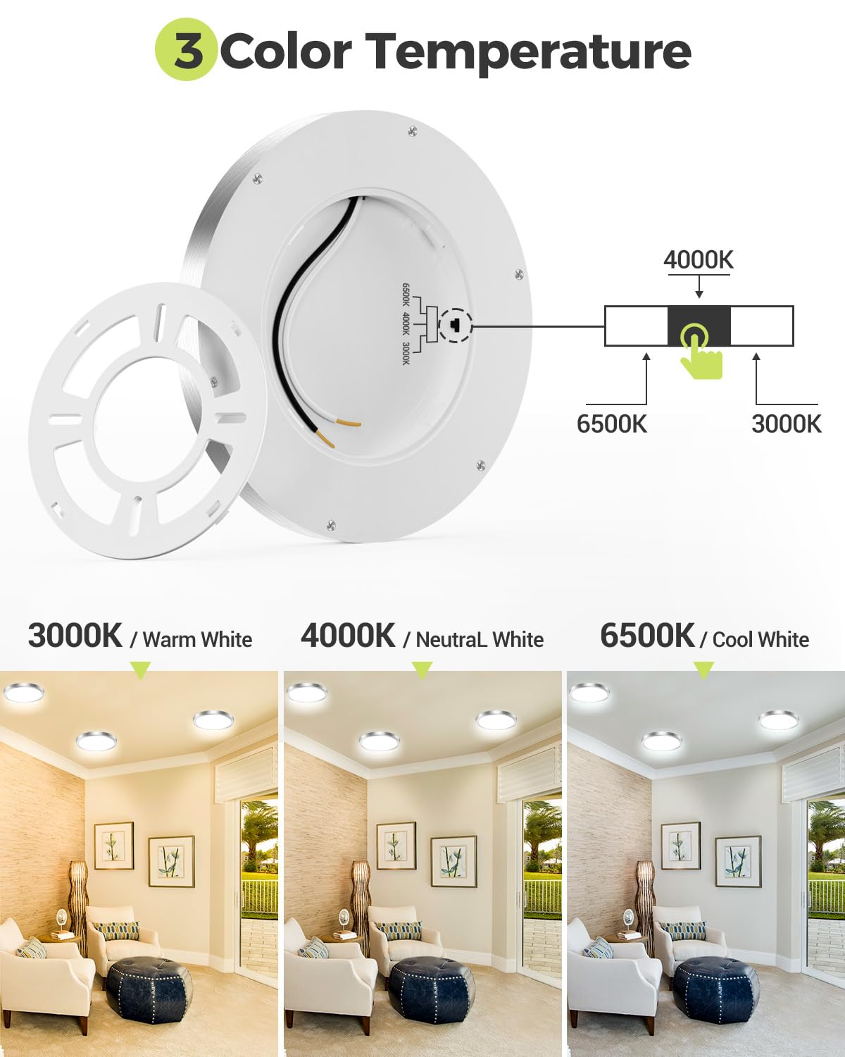 Hepside 6PACK LED Flush Mount Ceiling Light 15W 1500Lm 3CCT 3000K-4000K-6500K Brushed Nickel 7.5