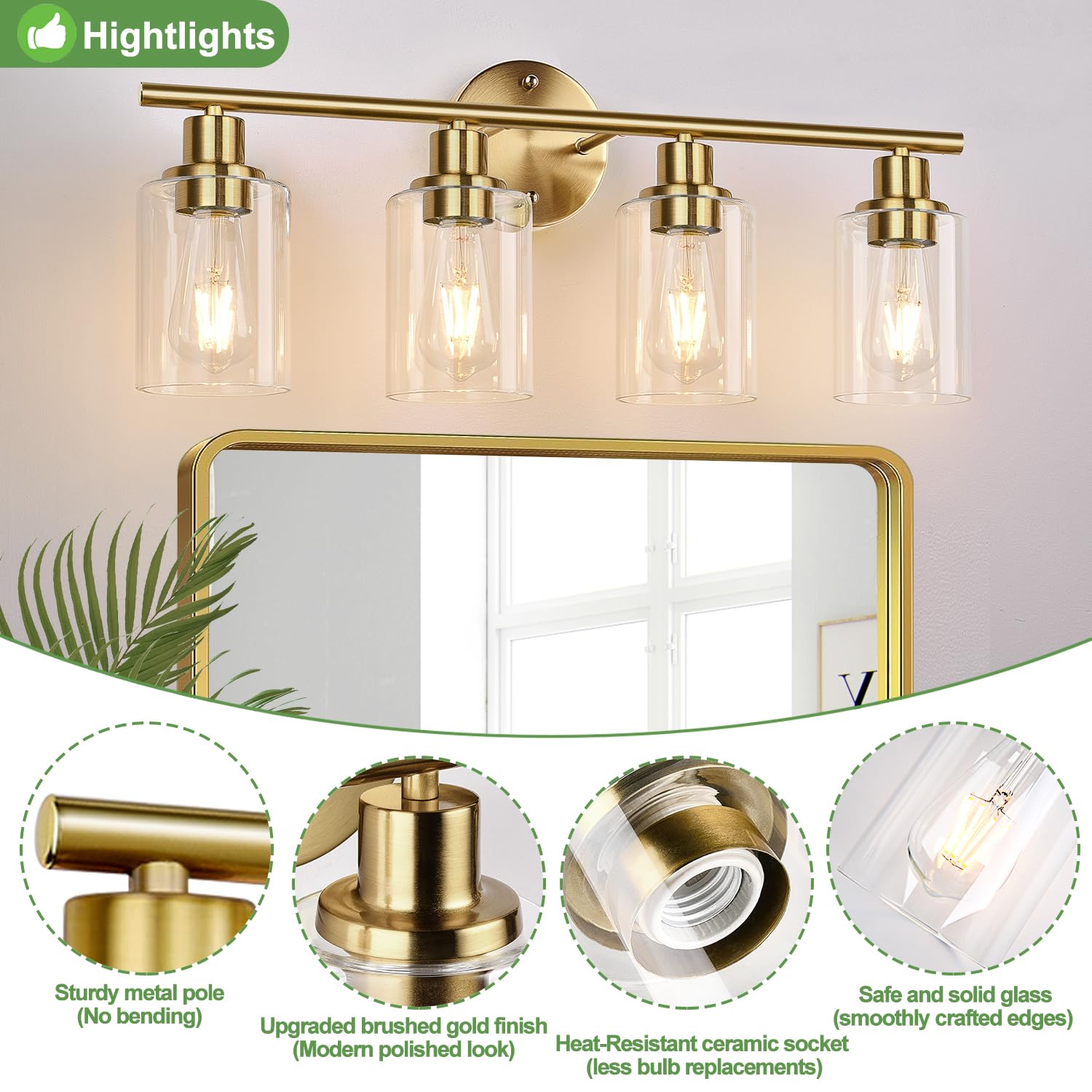 4-Light Bathroom Light Fixtures, Brushed Gold Modern Vanity Lights Over Mirror With Clear Glass Shade, Bathroom Wall Lamp For Mi