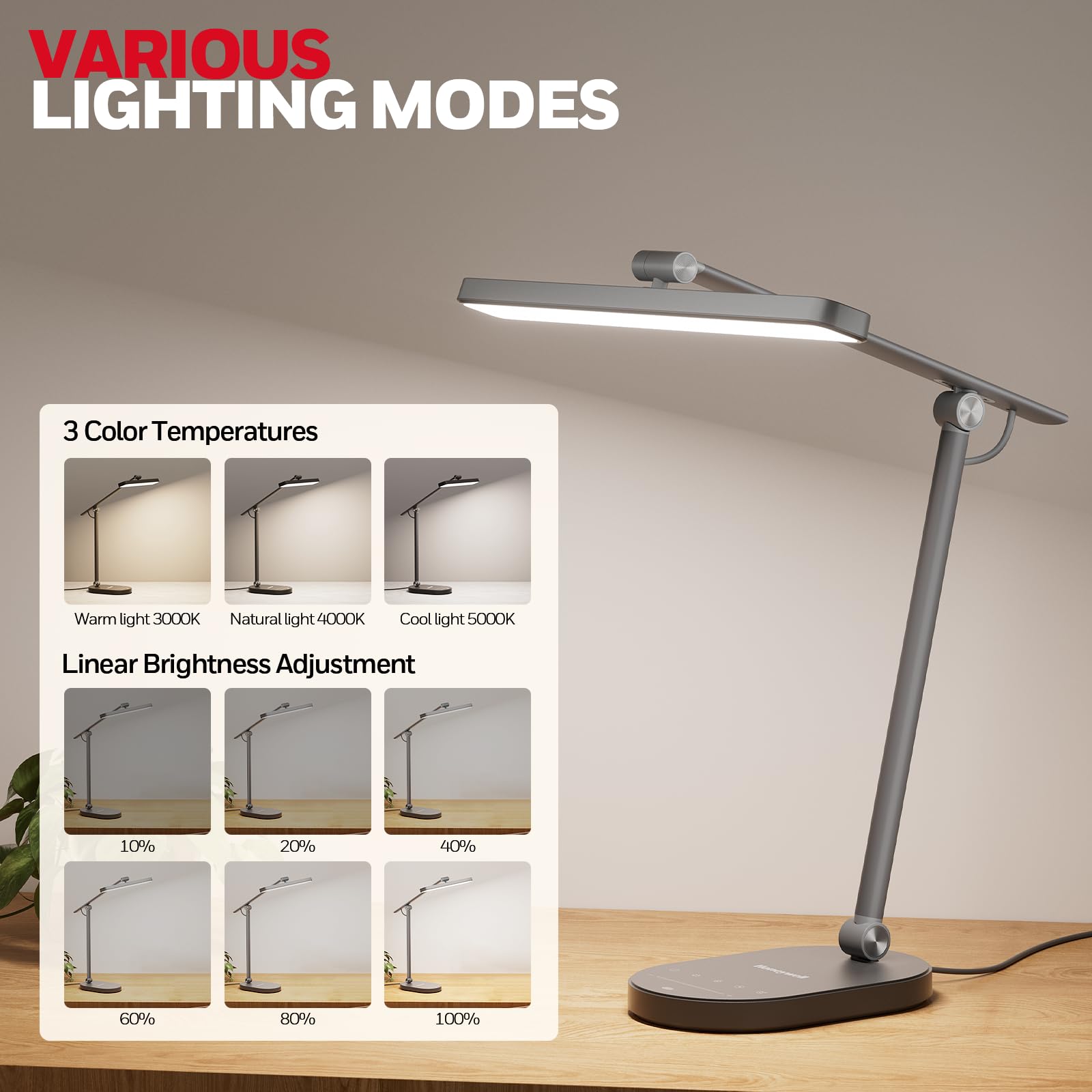 Honeywell Desk Lamp HWT-H4, Dimmable LED Light, 700LM, Eye-Caring, Gray
