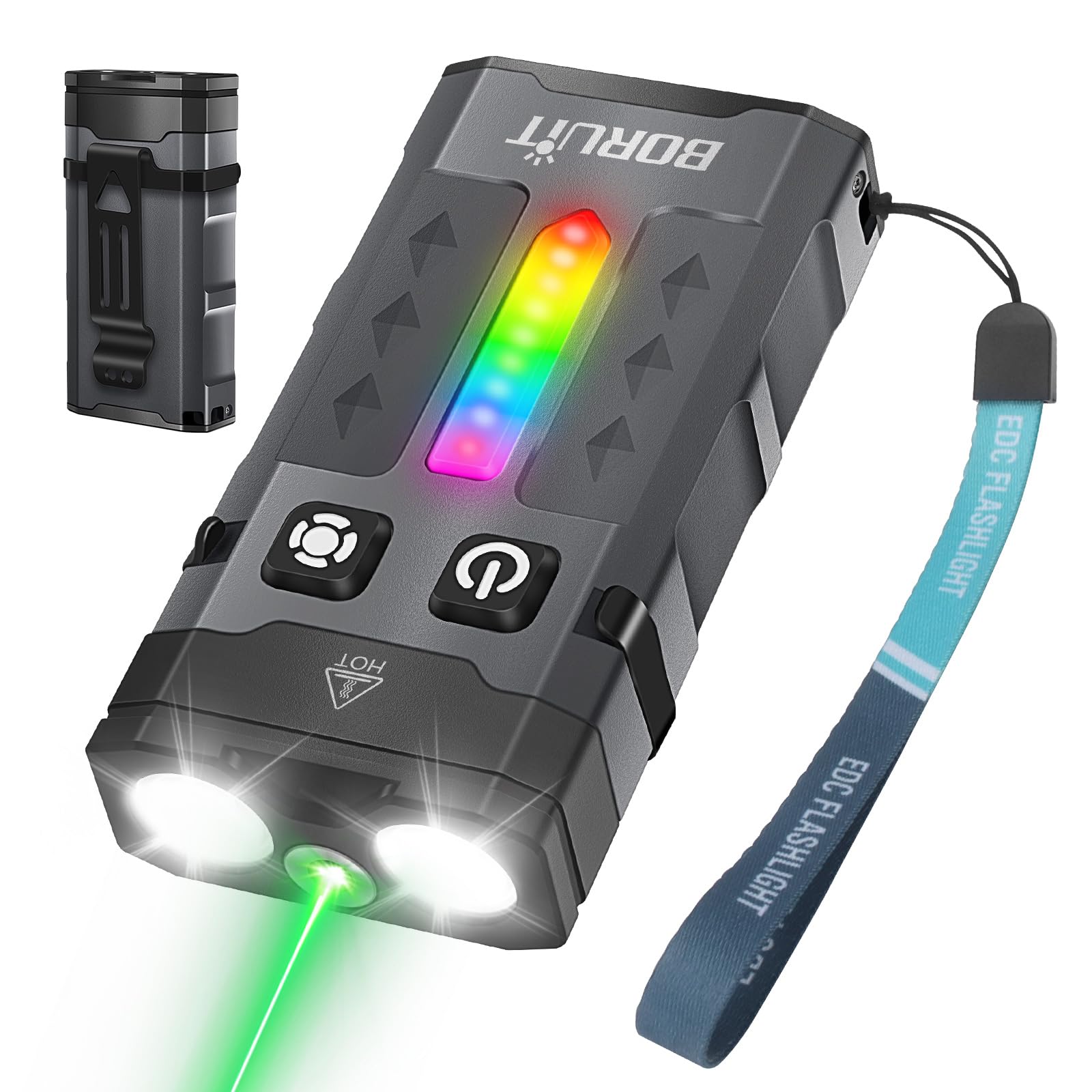 BORUIT EV20L LED Rechargeable Small EDC Flashlight with Green Beam,Pocket Keychain Flashlights with RGB Side Light,IP66 Waterpro