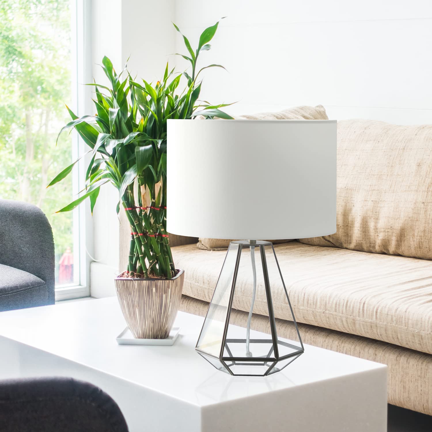 LALIA HOME Triagonal Table Lamp, Brass/Glass, 12"L x 12"W x 18.25"H, Model LHT-4009-BR