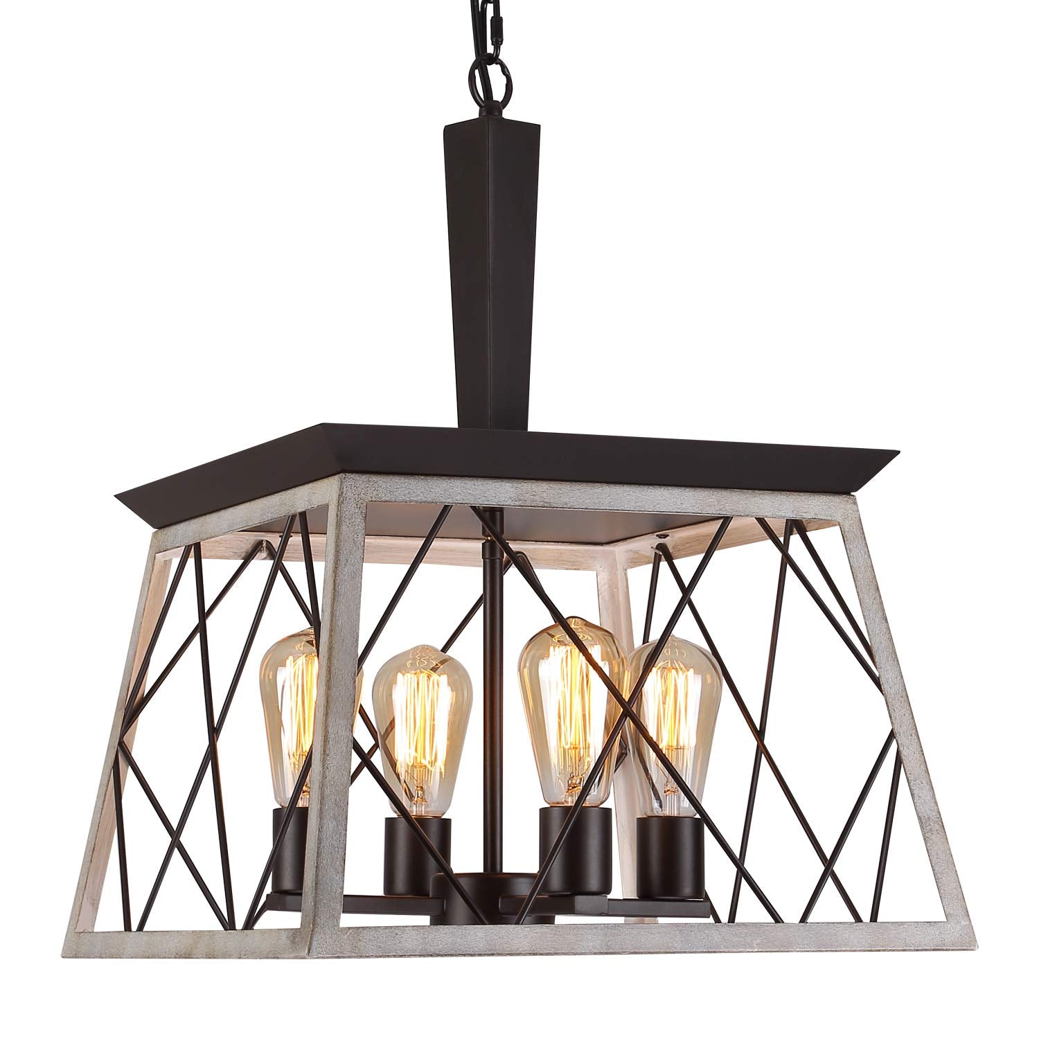 Q&S Vintage Chandelier - 4-Light Rustic Iron Pendant Light, Oak White, Model P2006-4, UL Listed for Dining Room & Kitchen Island