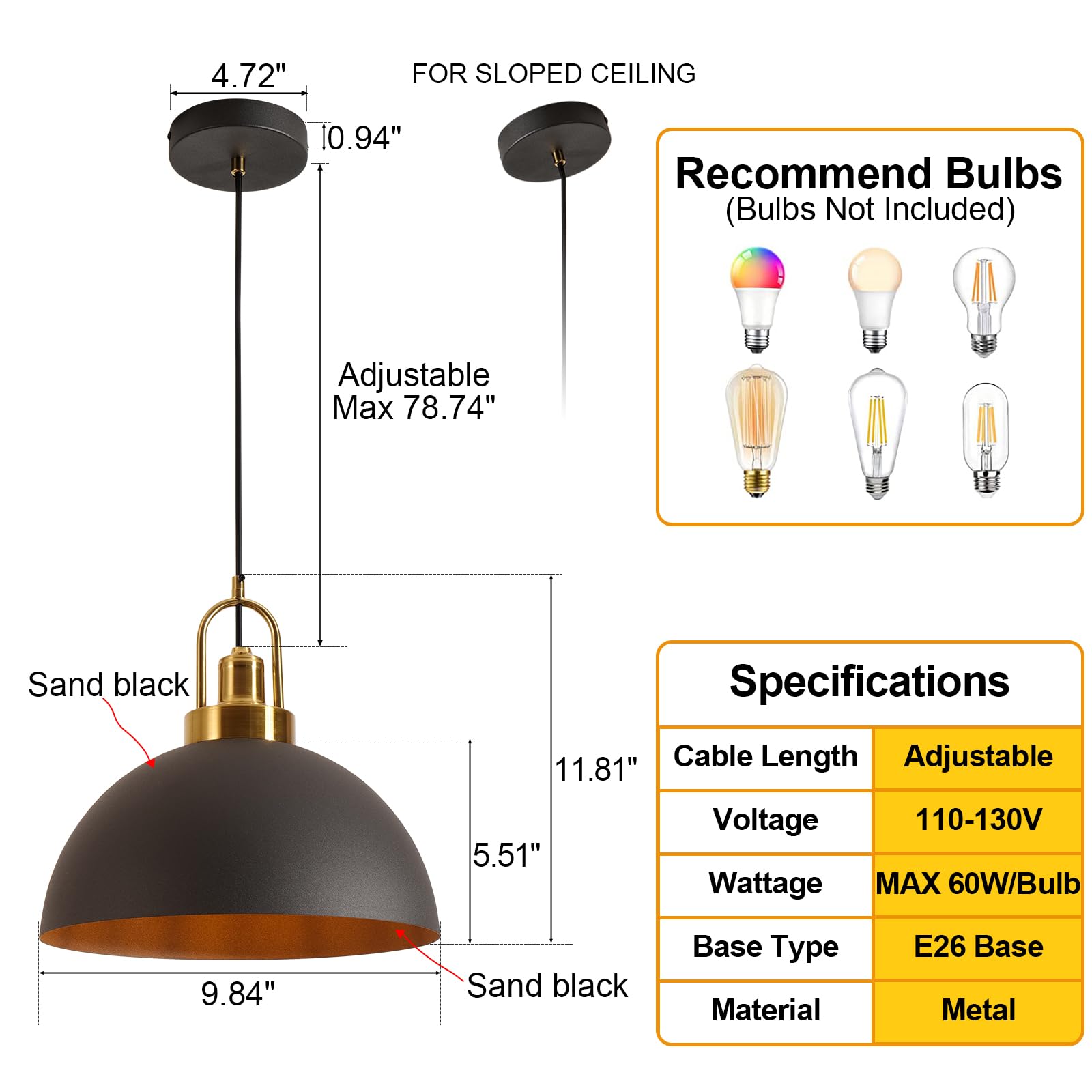 Yhanfengcy Vintage Industrial Pendant Light Black Pendant Light With 9.84-Inch Dome And Brass Socket, 78.74-Inch Wire - Perfect