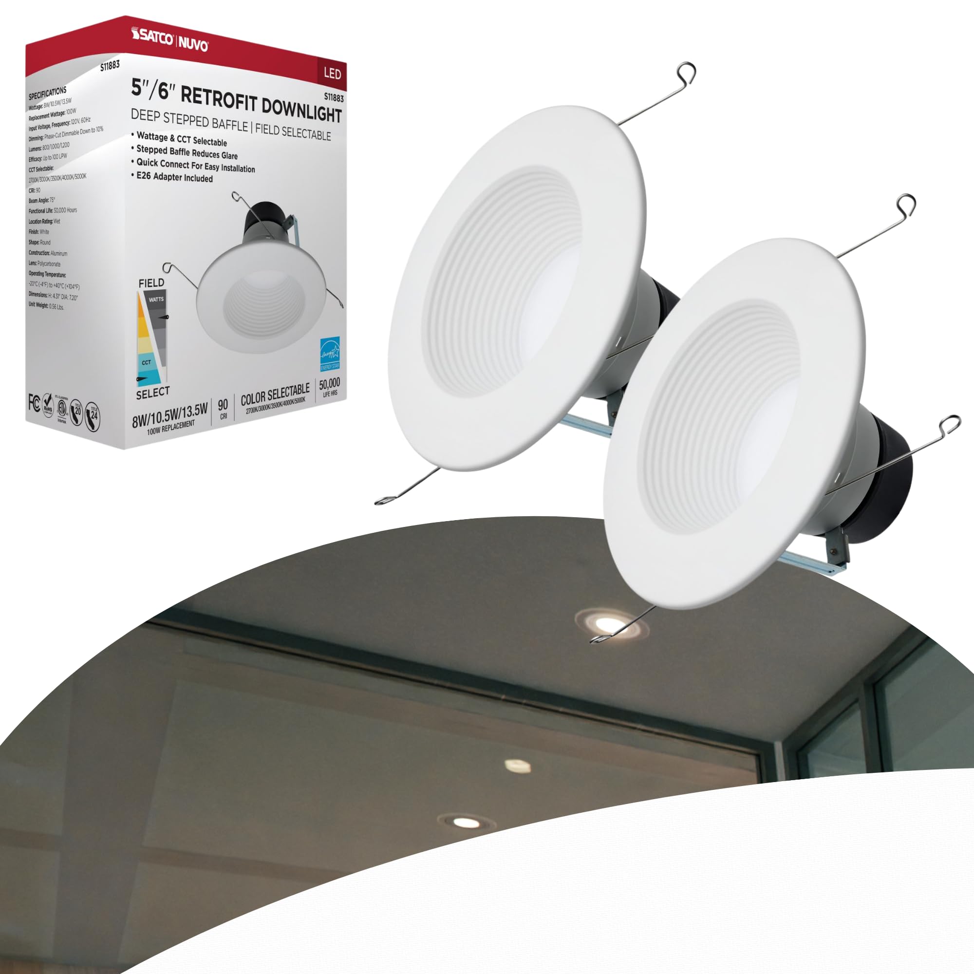 Satco S11883 5-6 LED Downlight Retrofit, Deep Baffle, 8W/10.5W/13.5W, 5CCT (2700K-5000K), Dimmable, 120V, 800-1200 Lumens, Wet R
