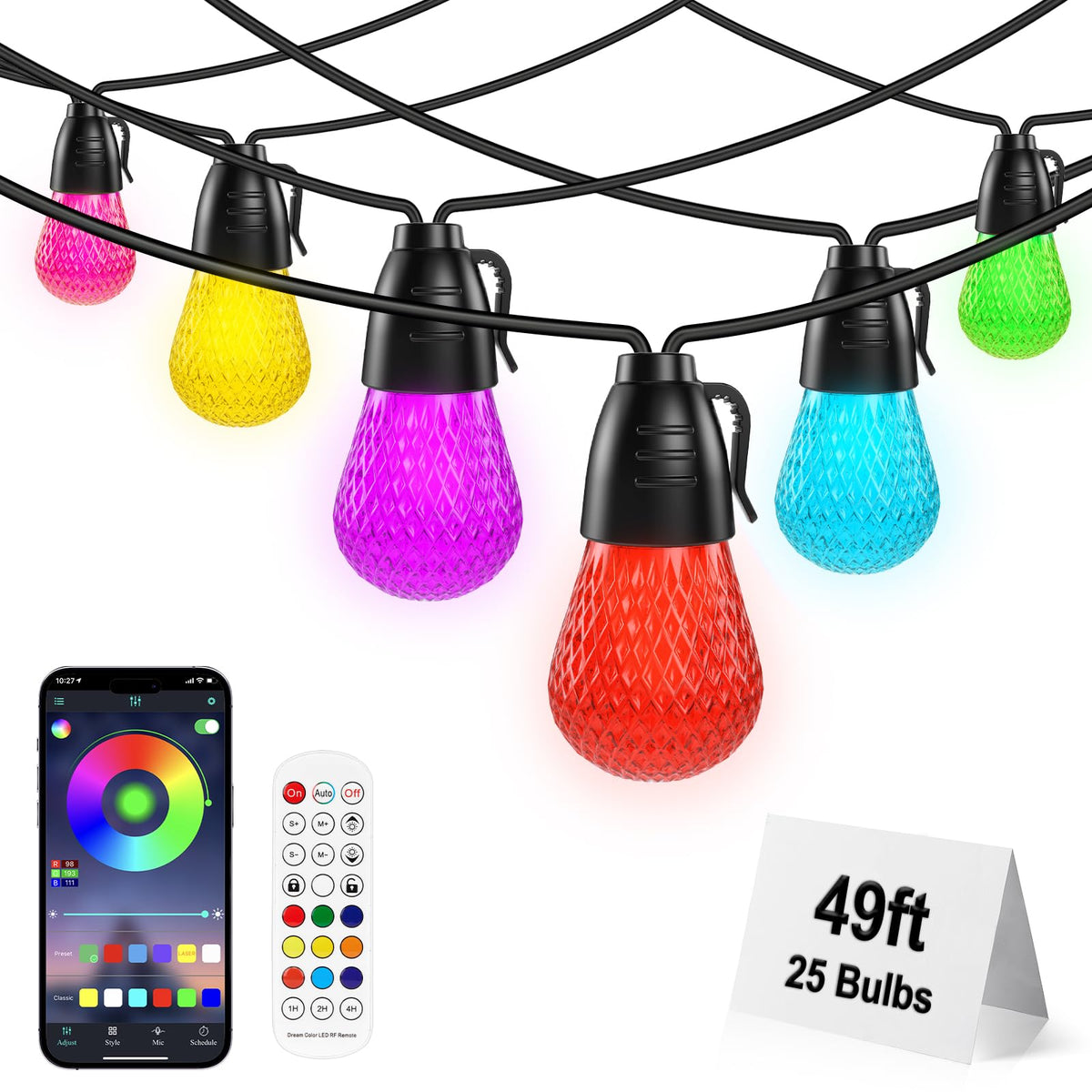 Outdoor String Lights, 49FT RGB Patio Lights with IP66 Waterproof 25 Dimmable Bulbs,Outdoor String Lights for Outside with App &