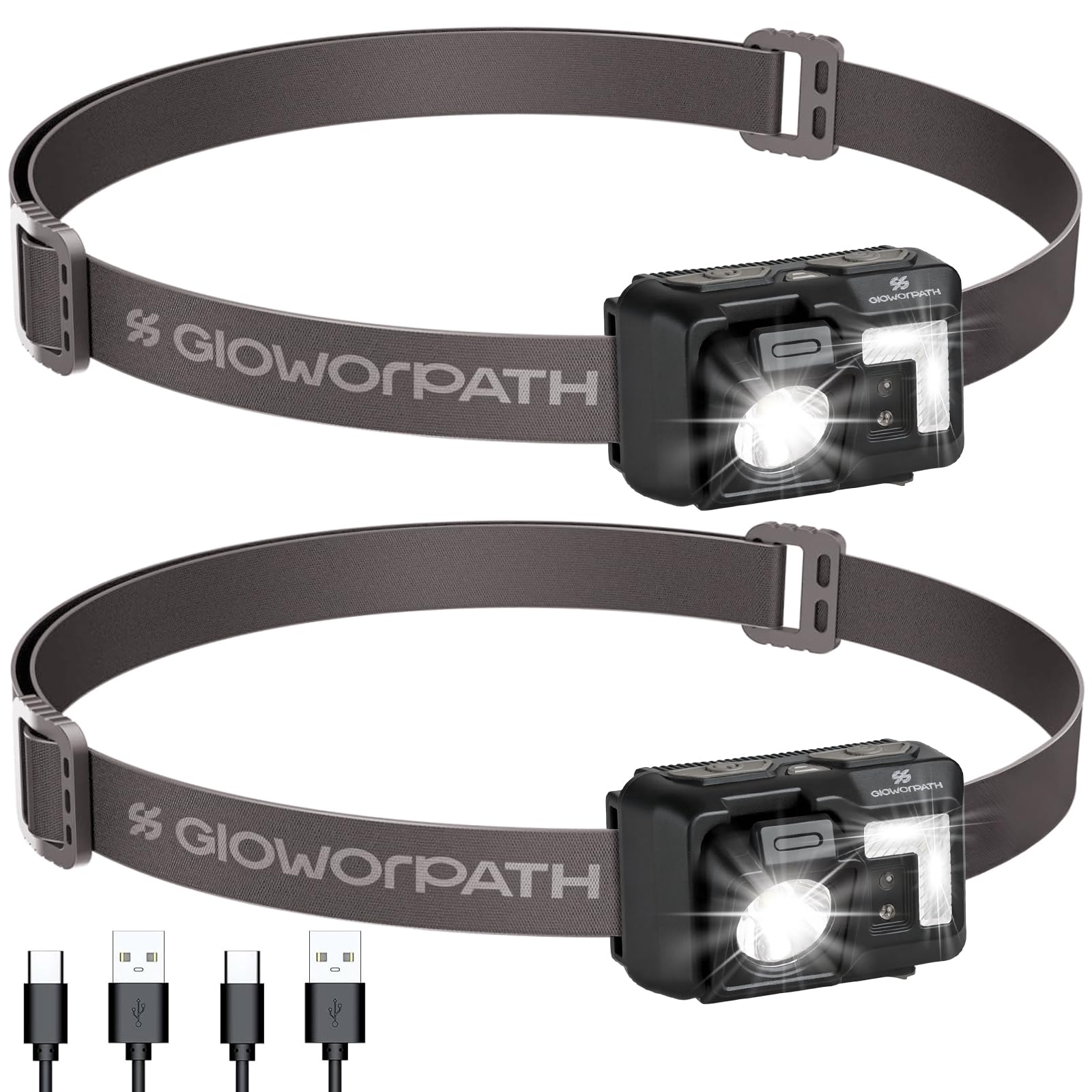 GloworPath Led Headlamp Rechargeable  Super Bright Headlight Flashlight with Red Light  Motion Sensor Head Lights for Forehead  Waterproof Lightweight for For Mature Userss  Outdoors  Camping  Running - 2 Pack
