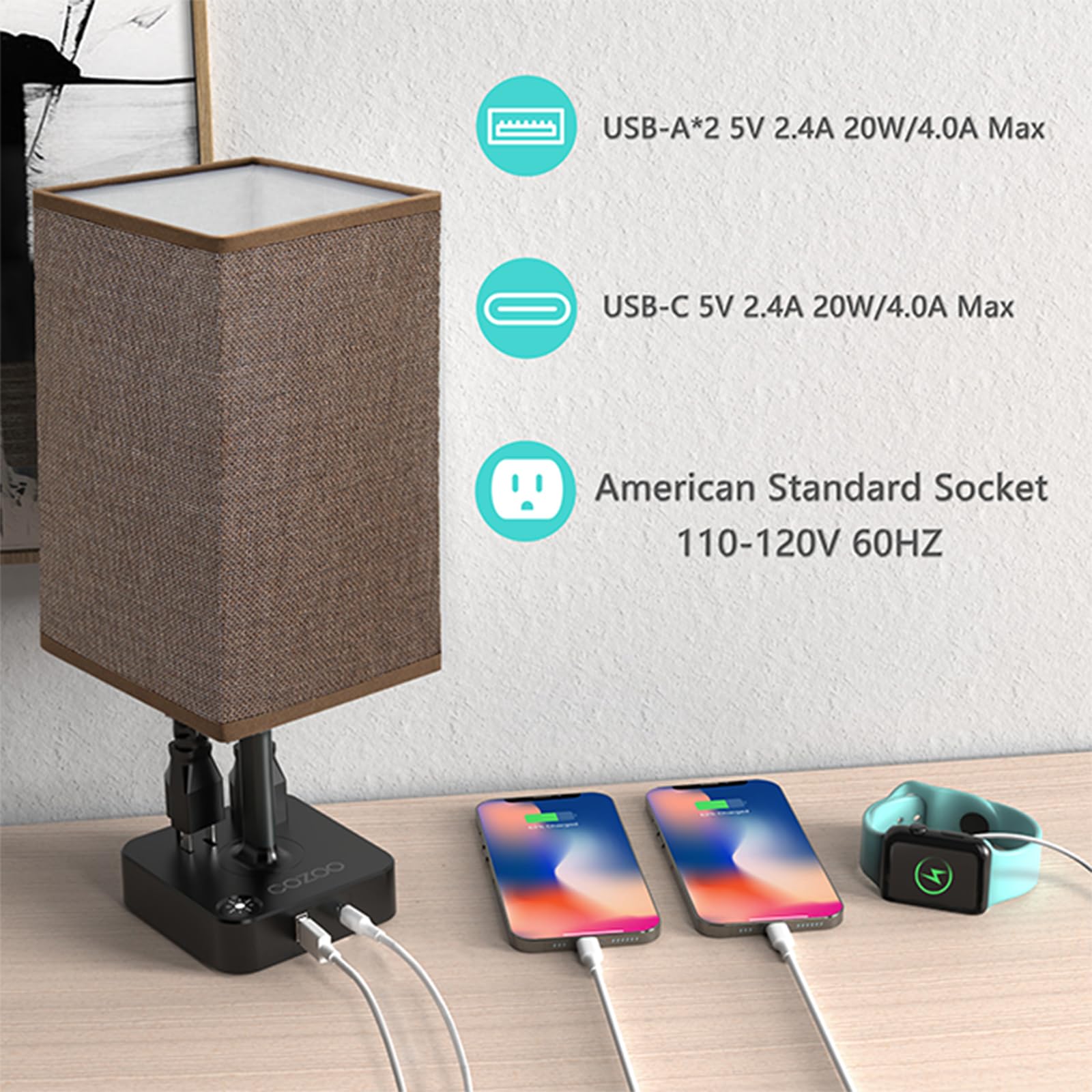 cozoo Bedroom Lamp - Touch Control Table Lamp with USB C & A Ports, 2 AC Outlets, Modern LED Light, Brown Fabric Shade, Model MC003C