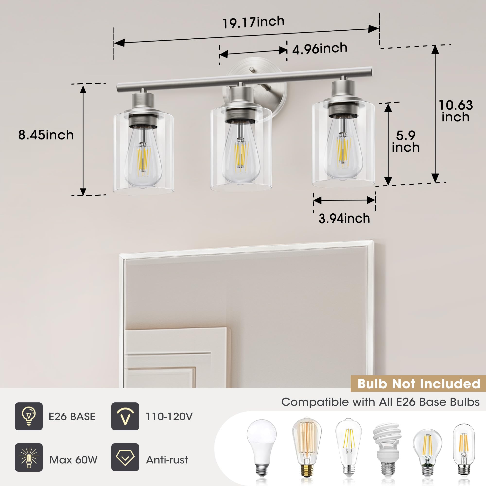 Weyderk Brush Nickel Bathroom Vanity Light - 3 Light Bathroom Light Fixture With Clear Glass Shades, Ul Certification & E26 Base, Brush Nickel Bathroom Vanity Lights Over Mirror For Bathroom