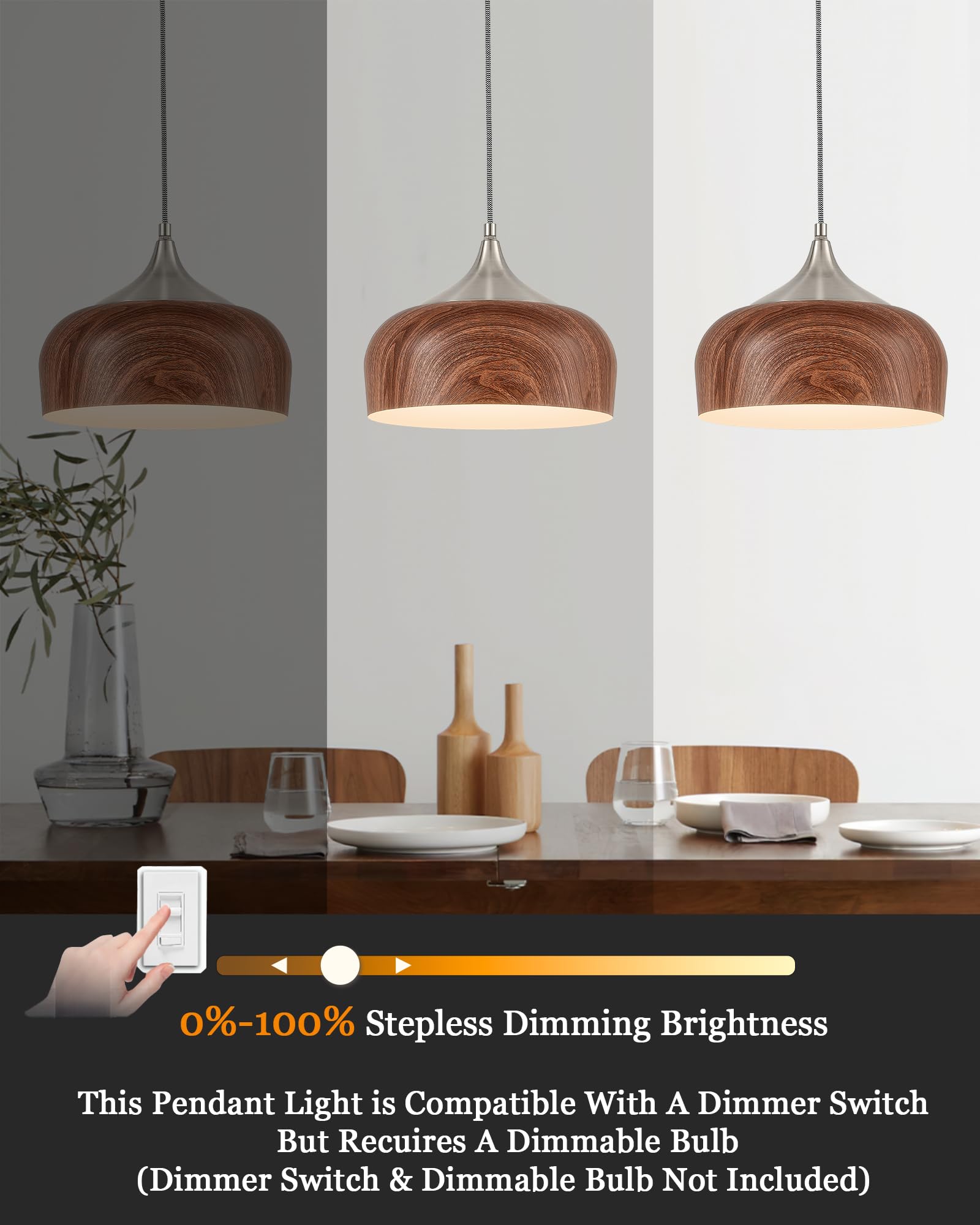 Elyona Brushed Nickel Pendant Light Wooden Pattern Dome Pendant Light Fixture Nickel Metal Modern Adjustable Hanging Lighting For Kitchen Island Dining Room Office Hallway Foyer Bedroom  12 Inch