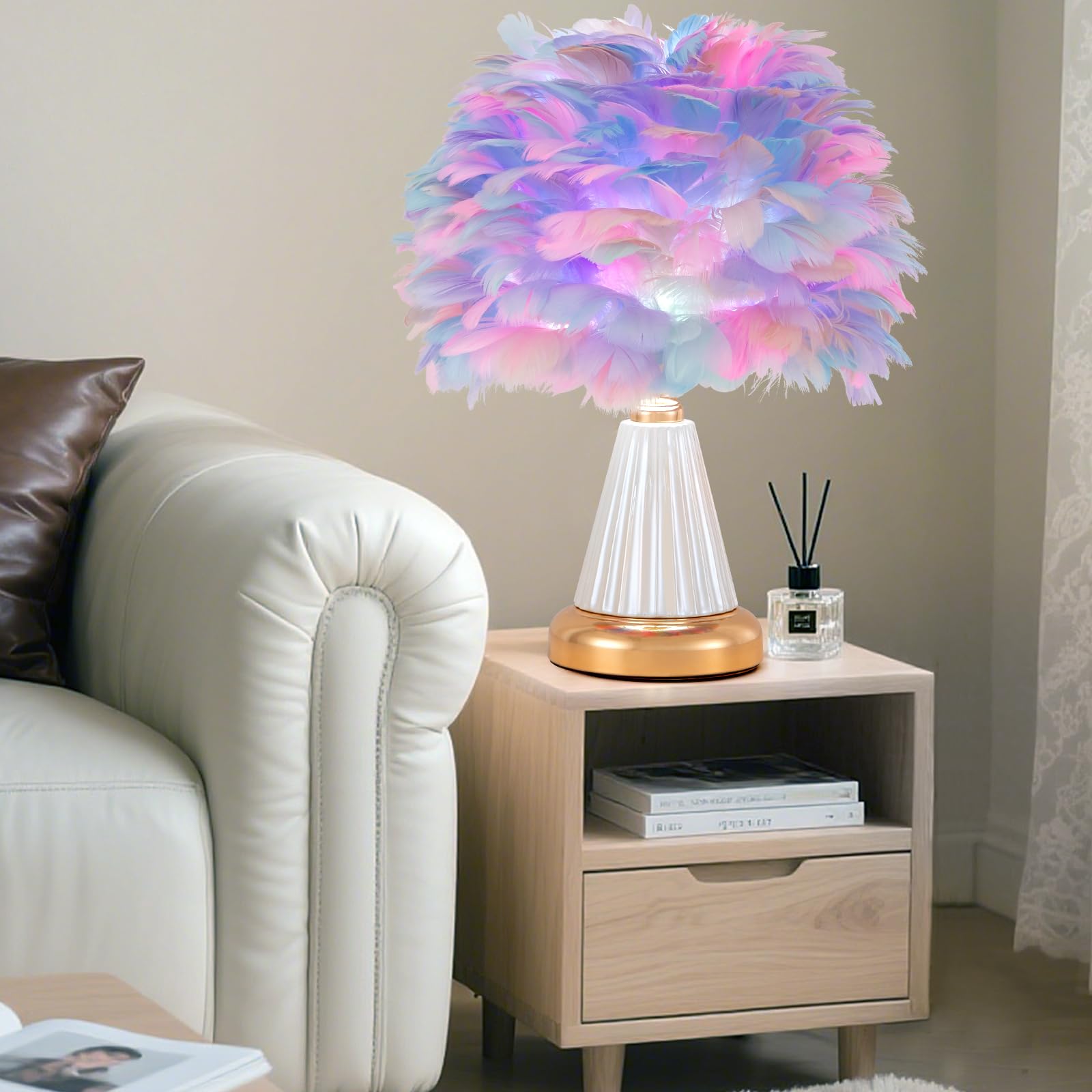 ZYLEISENBAO Colorful Feather Table Lamp Cute Ceramic Fluffy Bedside Lamp Princess Furry Nightstand Light Girl Romantic Desk Lamp