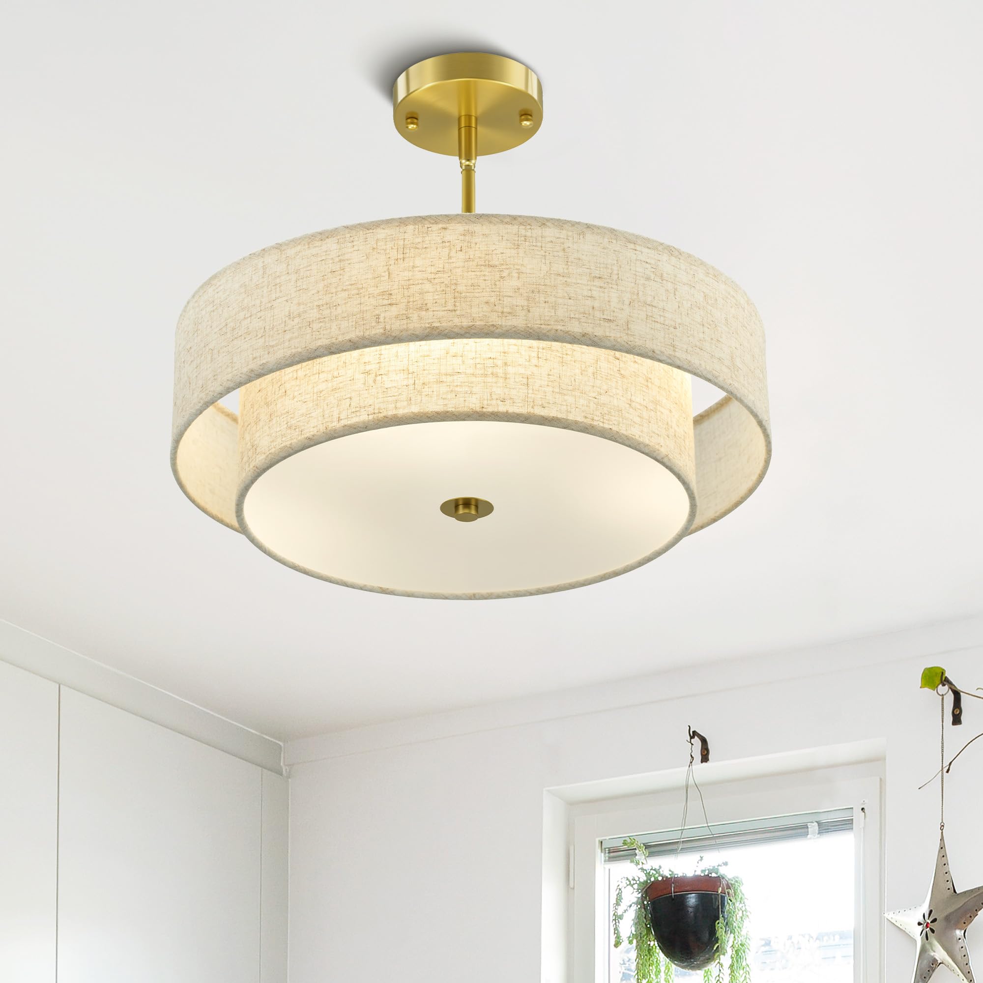 VONLUCE 18" Modern Drum Chandelier, 4-Light Pendant Light Fixture, Gold Fabric Shade, Model HCF1018GD for Dining Room, Bedroom, Living Room