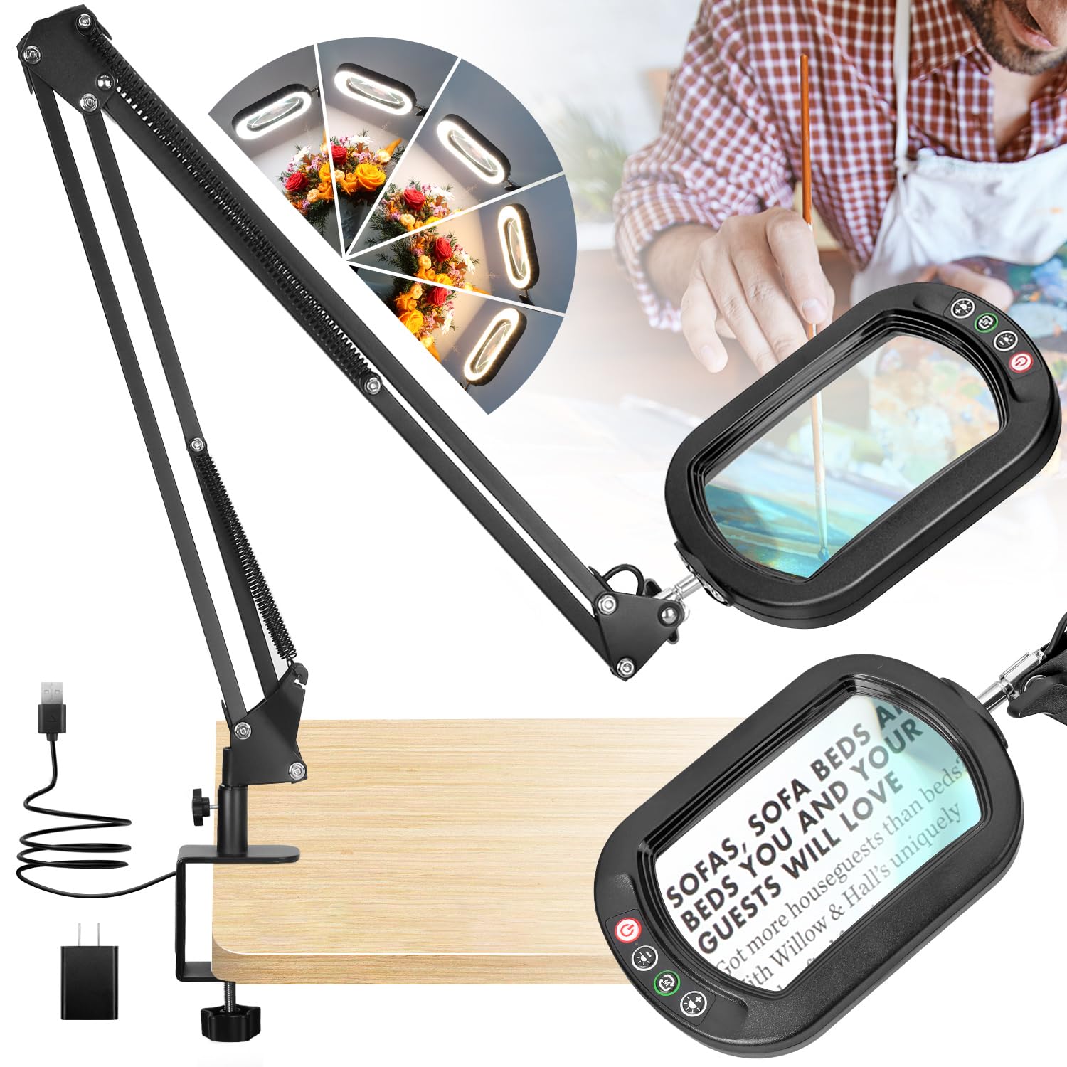 10X Rectangle Magnifying Glass with Light and Clamp, 2*16 Inch Large Swivel Arm LED Desk Lamp, 5 Color Modes Brightness Steeples