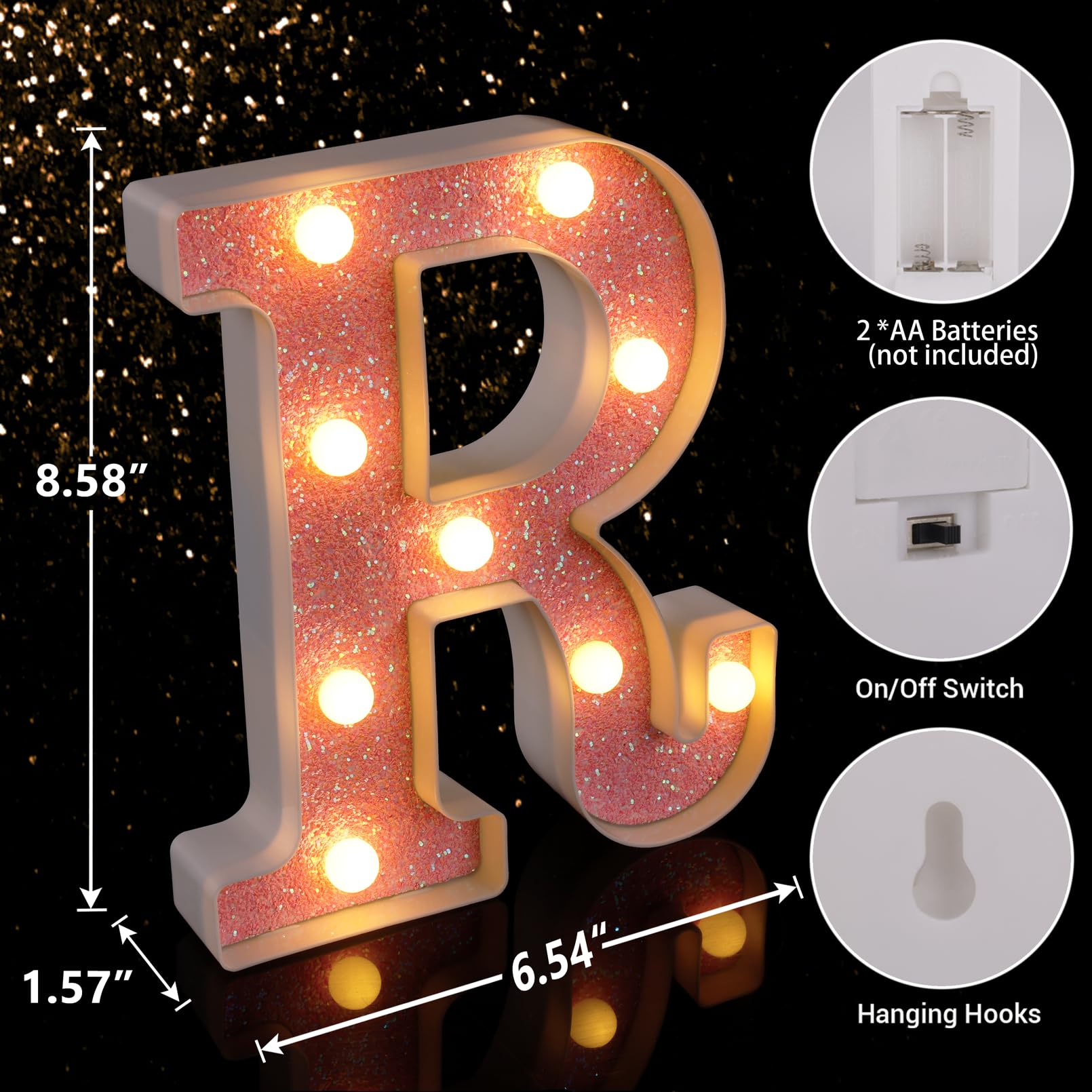 TRONSBOO LED Letter Lights Marquee Sign Pink Glitter 6.54inx8.58in Battery Powered Plastic Model Pink-Light-R