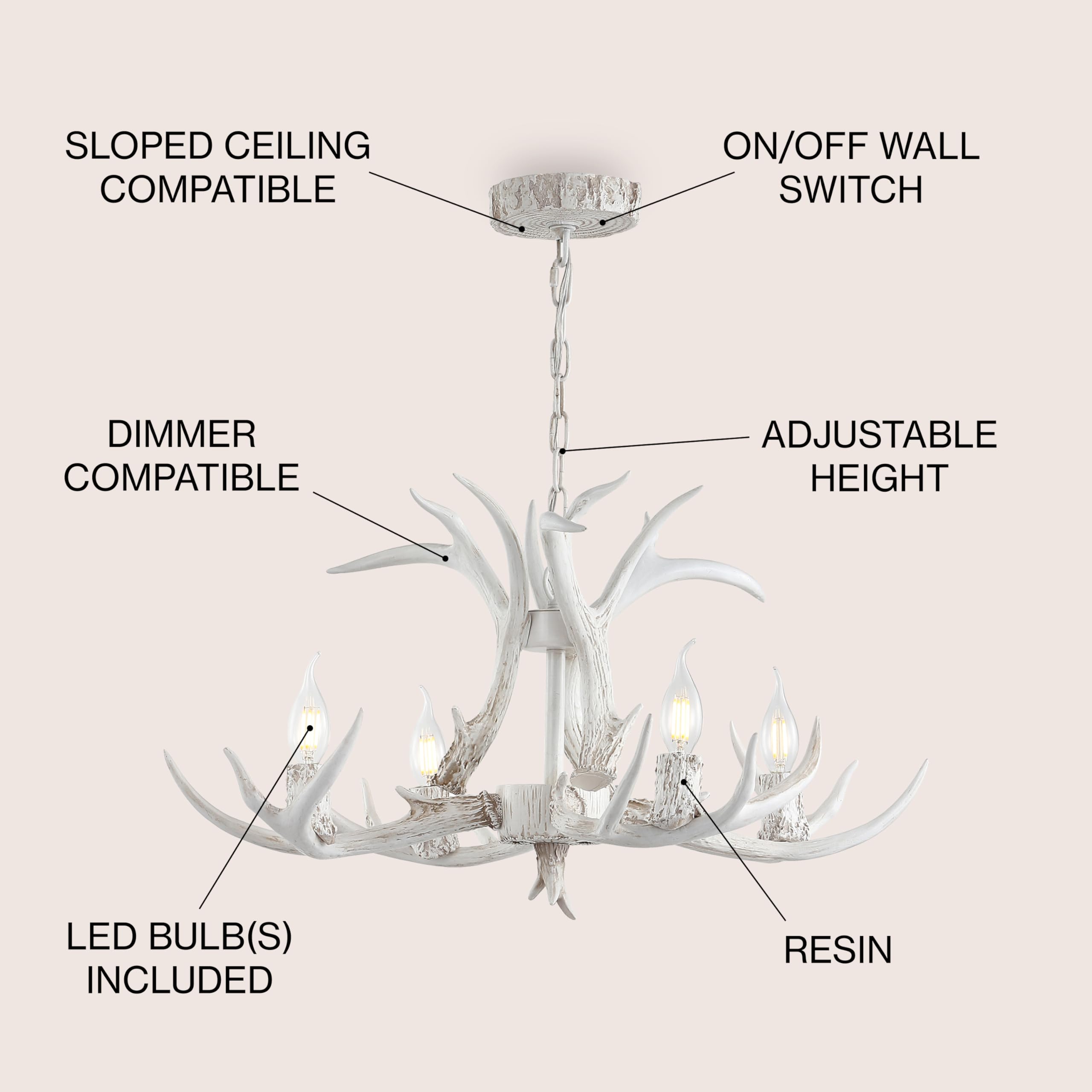 Jonathan Y Jyl6301B Eldora 26'' Adjustable Resin Antler 4-Light Led Chandelier, Glam, Rustic,Cottage,Transitional, Dimmable Dini