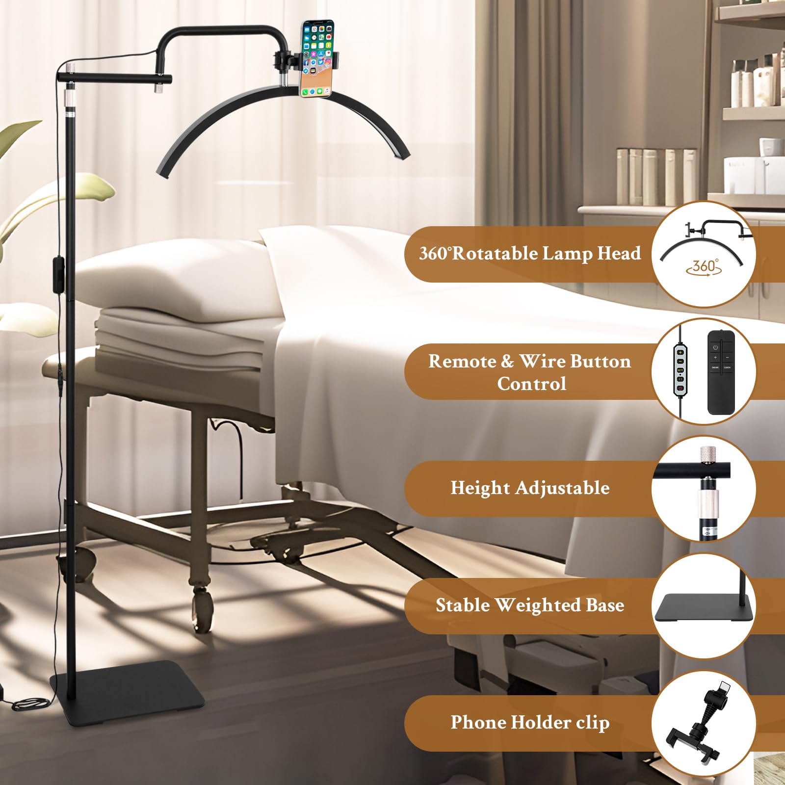 Mkpaei Lash Light For Eyelash Tech - Led Half Moon Light For Tattoo Artists, Esthetician Lights For Eyelash Extensions - Adjustable Brightness & Height, Warm To Cool Floor Lash Lamp With Phone Holder