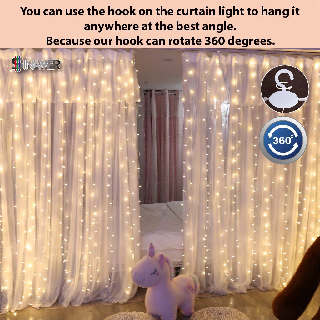 Sinamer White Curtain Light For Bedroom, 300 Led 9.8Ft X 9.8Ft Window Fairy Curtain String Light With 16 Hooks, 8 Models Remote Control For Wedding Party Home Garden Indoor Decorations