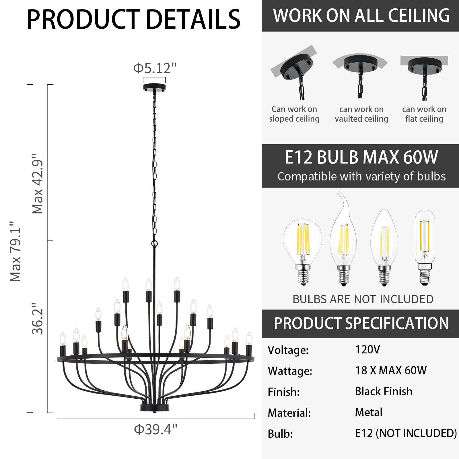 Widluth Industrial Black Chandelier, 39.4in, 18-Lights Candle Style, Rustic Vintage Design, Model MD1009-18-hei