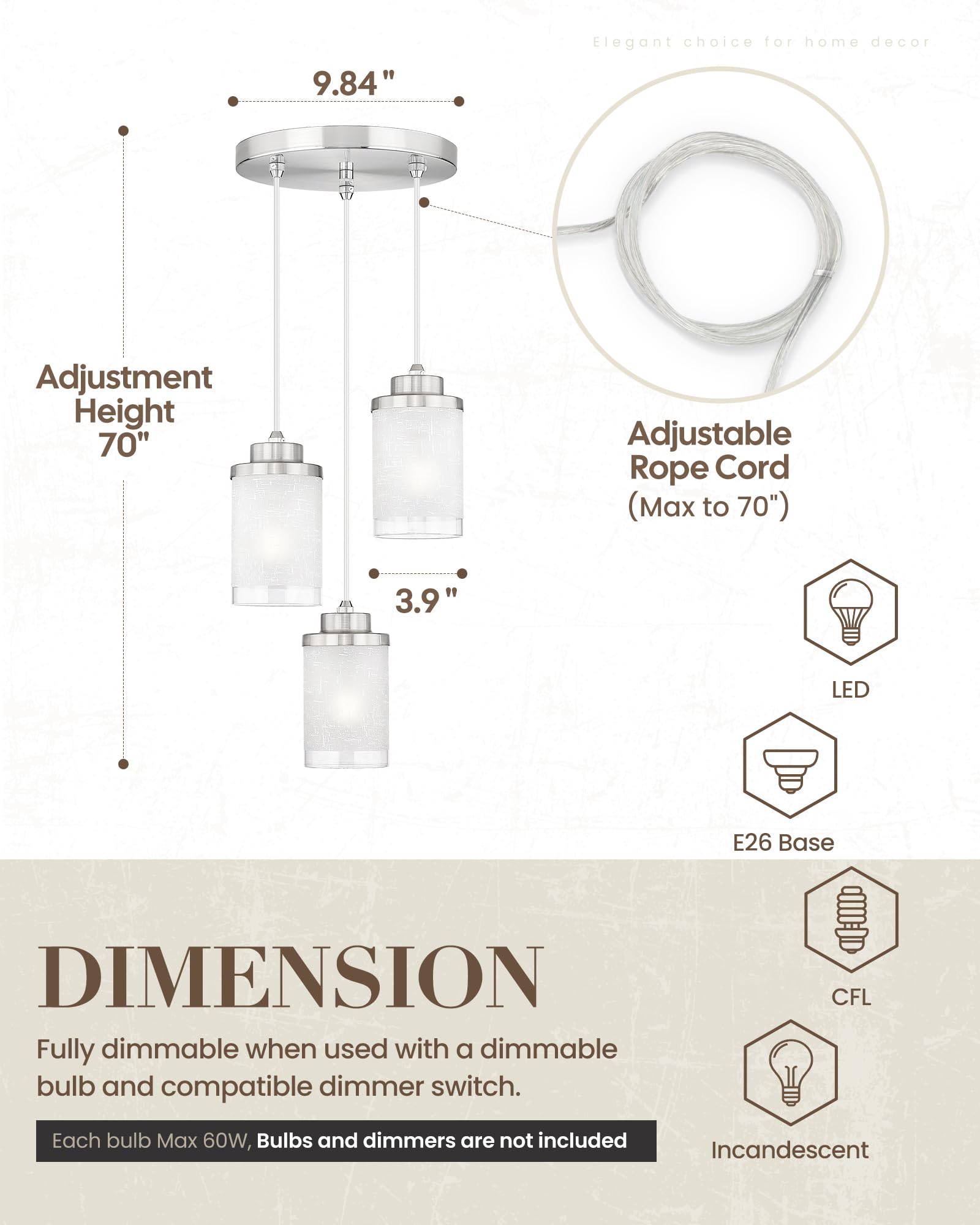 Tengxin 3-Lights Modern Pendant Light With Glass Shade Brushed Nickel Pendant Lighting Adjustable Industrial Retro Style Hanging