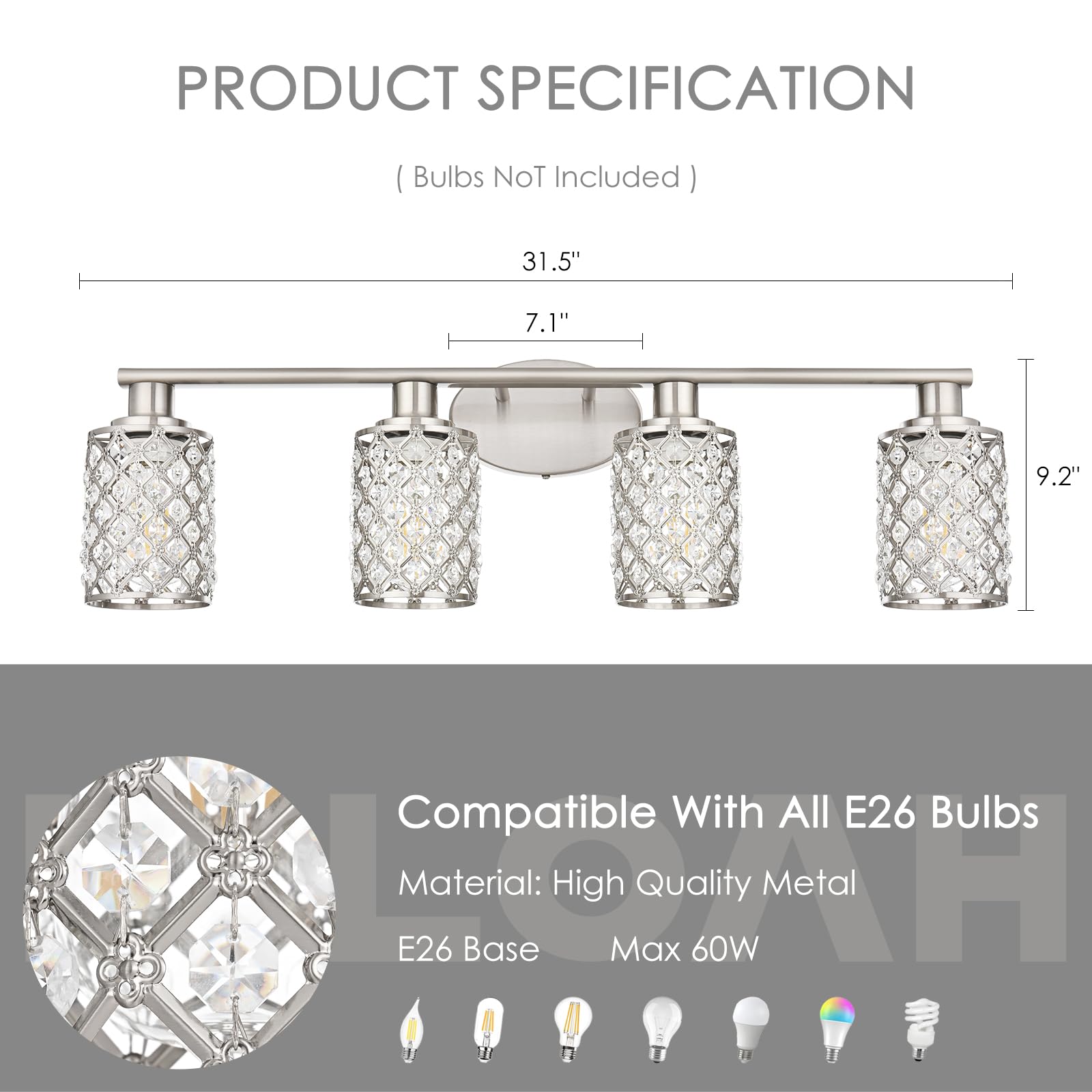 4 Light Bathroom Light Fixtures, Modern Farmhouse Vanity Light,Brushed Nickel Bathroom Lights Over Mirror,Crystal Vanity Lighting Fixtures For Bathroom,Powder Room