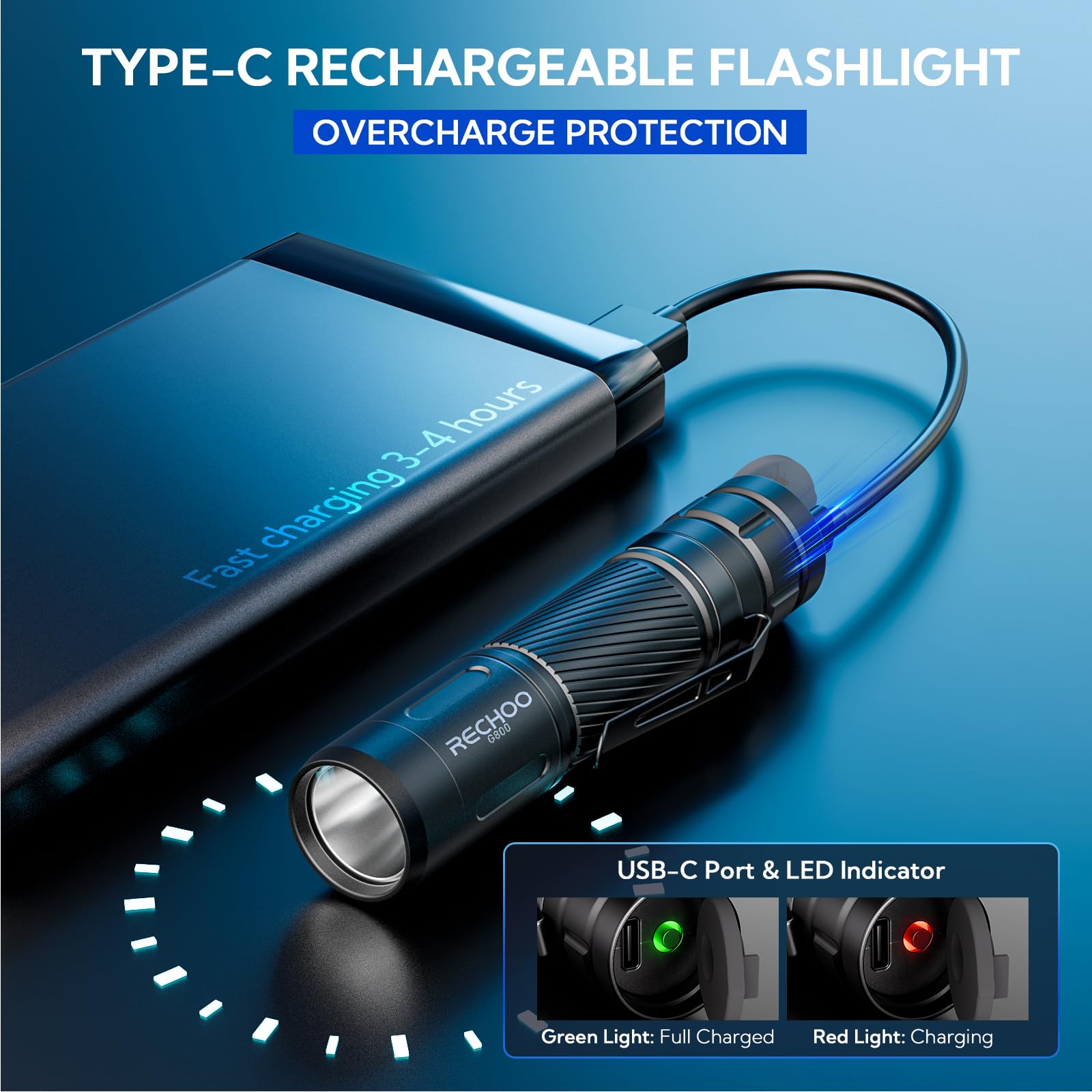 RECHOO G800 Rechargeable Flashlight, 3 Lighting Modes, Mini LED, Pocket-Size, Aluminum, Black, 1 Pack