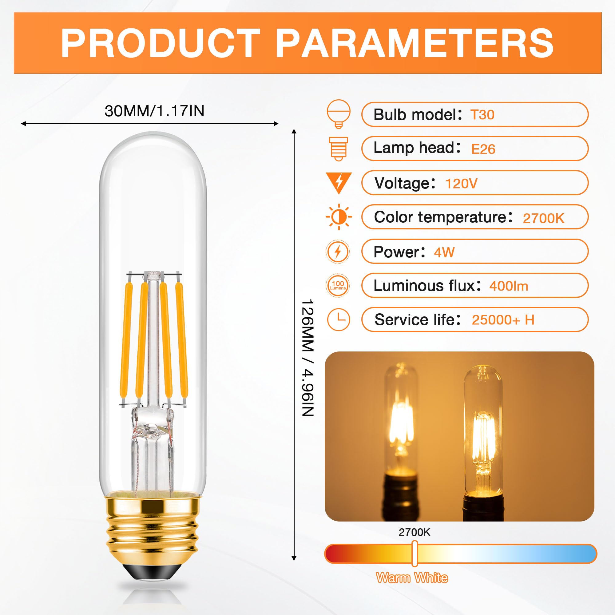 Tobegreat T30 Light Bulbs 4 Watt Equivalent 40W Bulb E26 Tubular Bulbs T10 Led Bulb Warm White 2700K,Desk Lamp,Bedbroom Bathroom