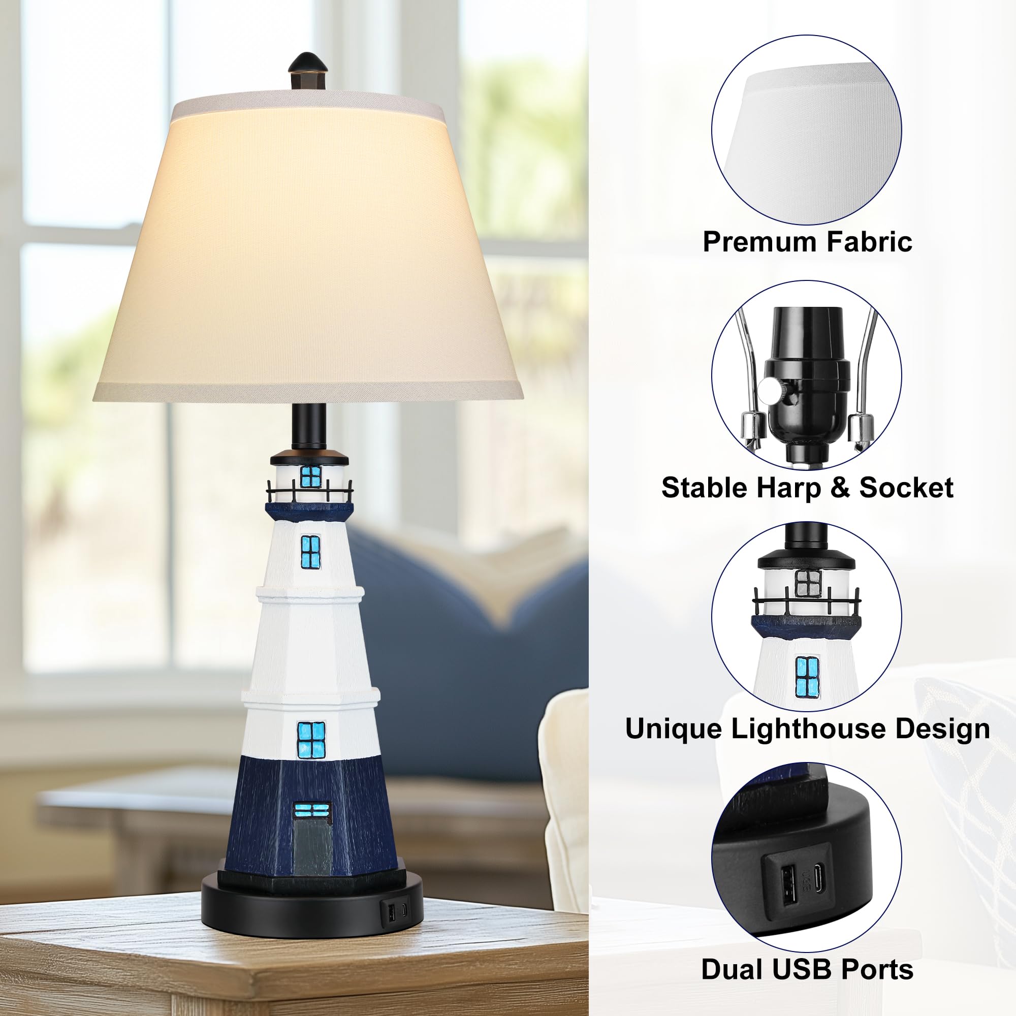 WIHTU Table Lamps Set of 2, Nautical Resin Nightstand Lamps, Modern Navy Blue Lighthouse, Bulbs Included, HD-LWTTD-Navy