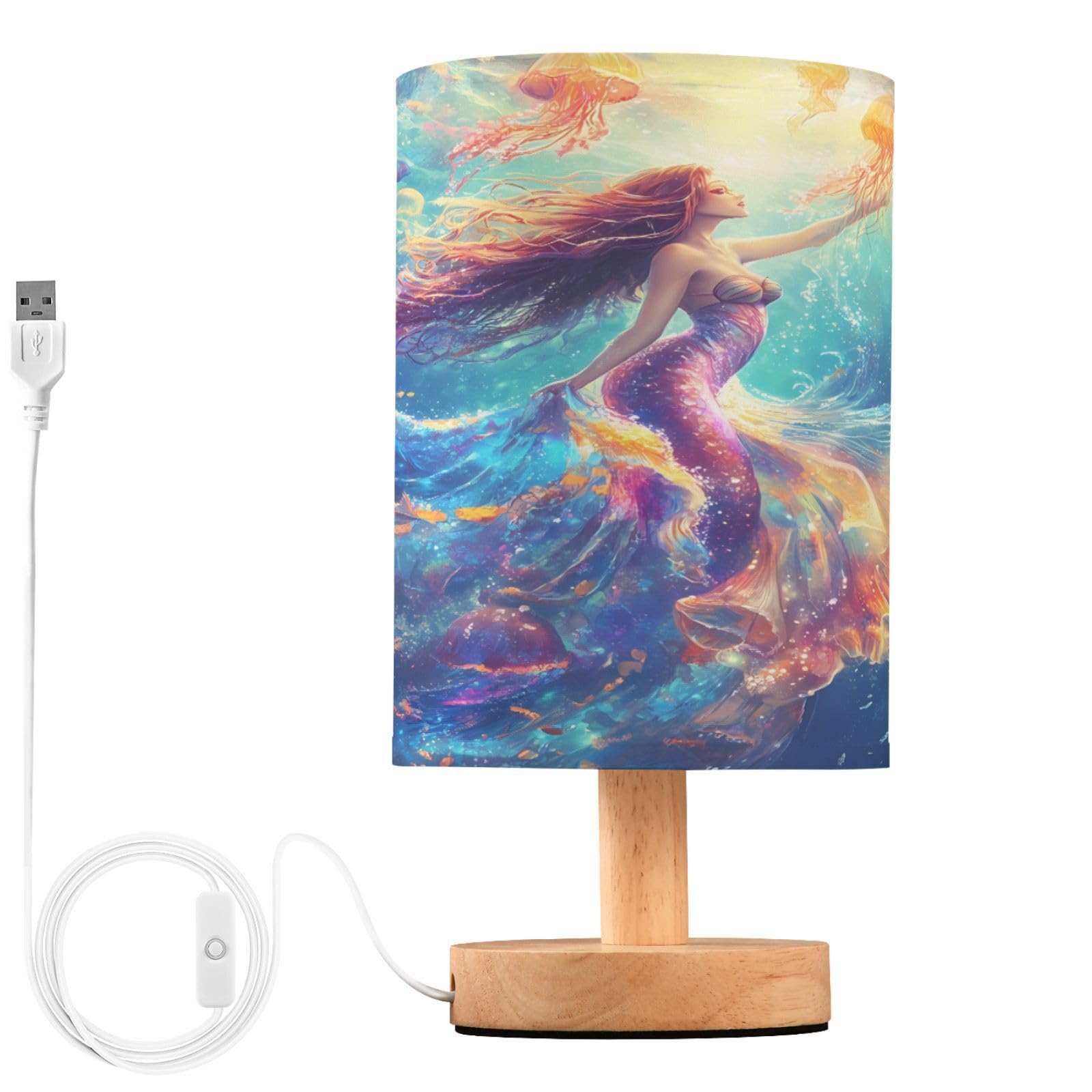 ALAZA Mermaid Jellyfish Funny Beautiful Decor Bedside Table Lamp with USB Port for Bedroom Nightstand Office Desk LED Bulb Inclu
