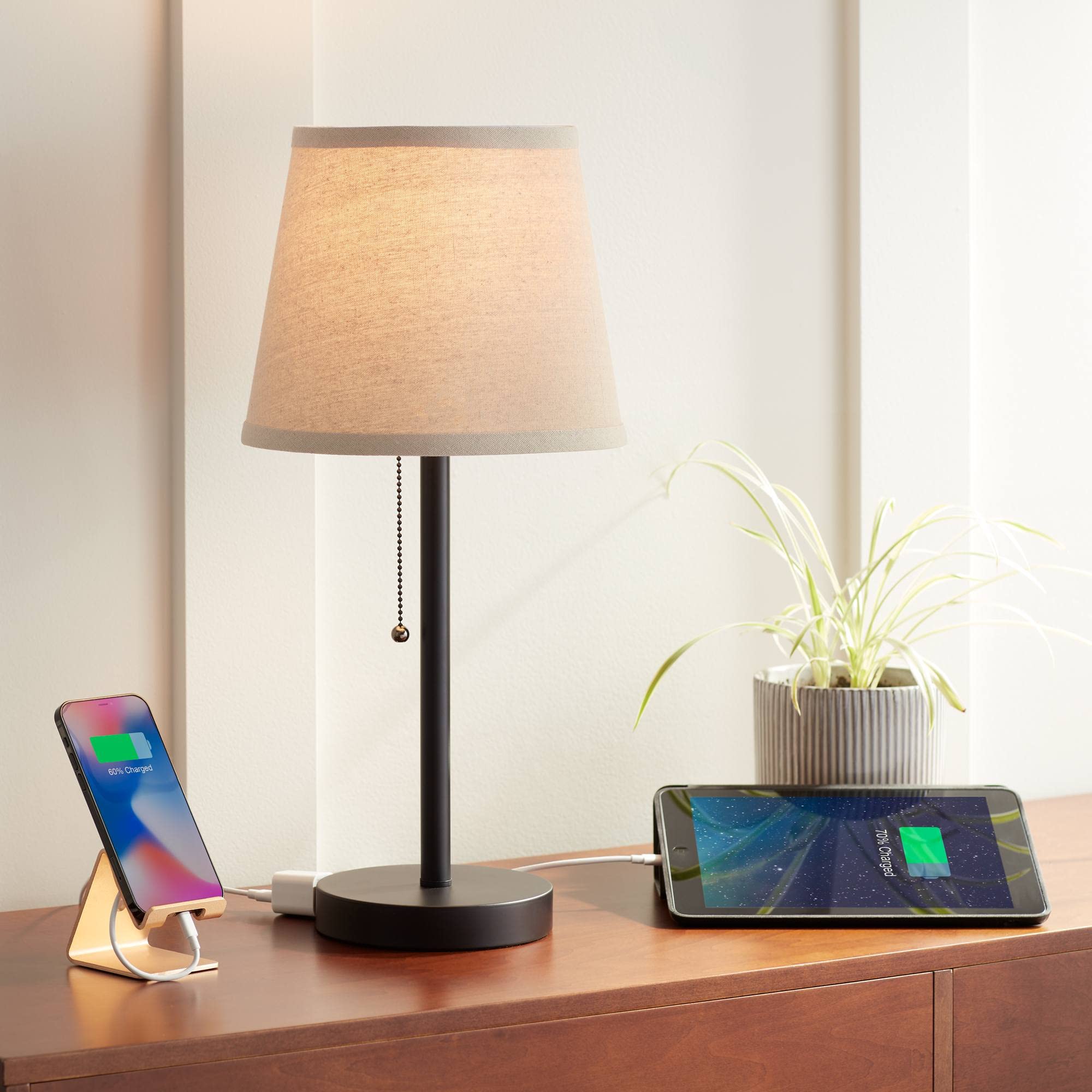360 Lighting Flesner Modern Desk Table Lamp with Hotel Style USB and AC Power Outlet in Base 20'' High Bronze Metal Oatmeal Drum