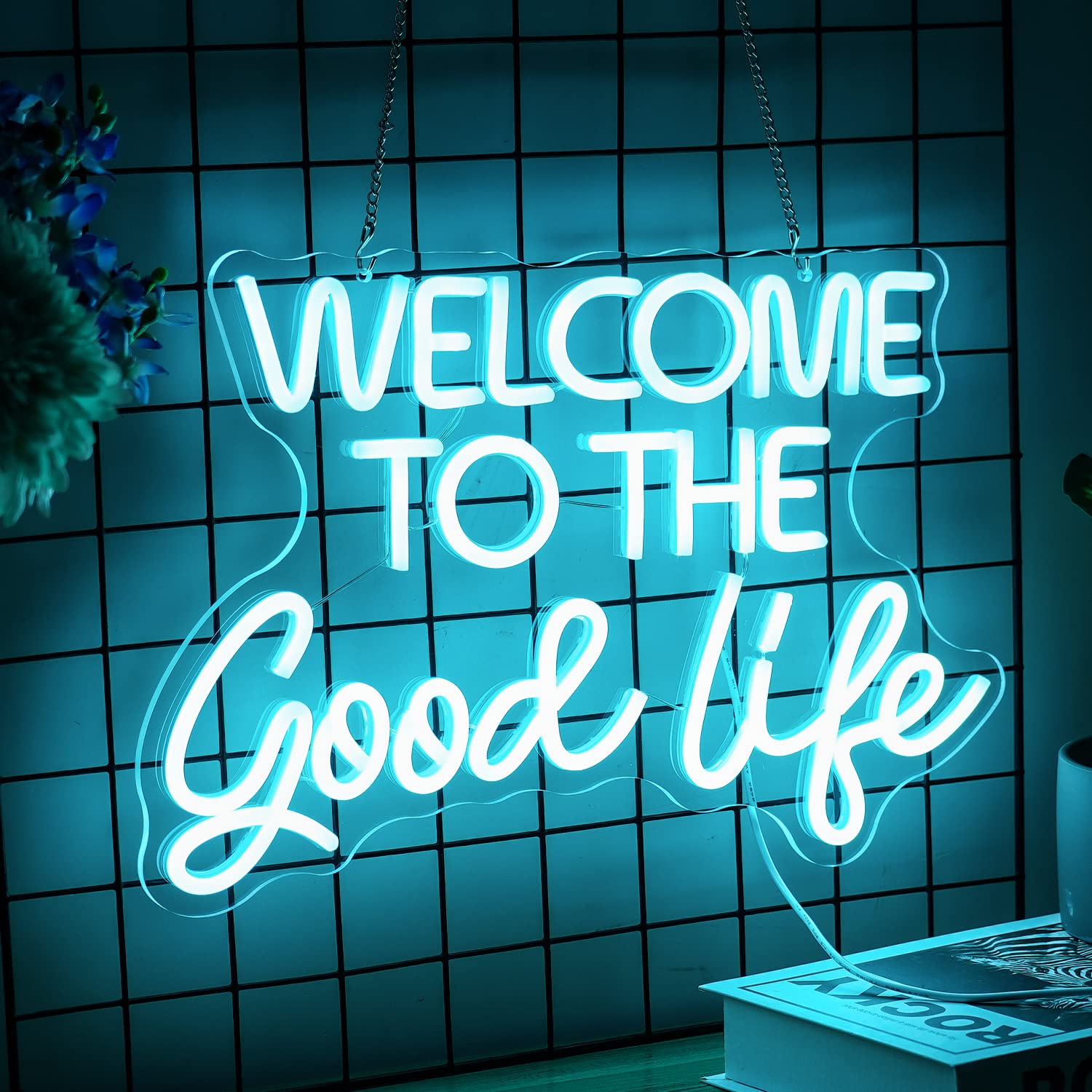 LISIGNVE Neon Sign LED Light - Dimmable USB Powered, 16.5’’x11’’, Ice Blue, Welcome To The Good Life, Decorative Light for Kids Room, Bar