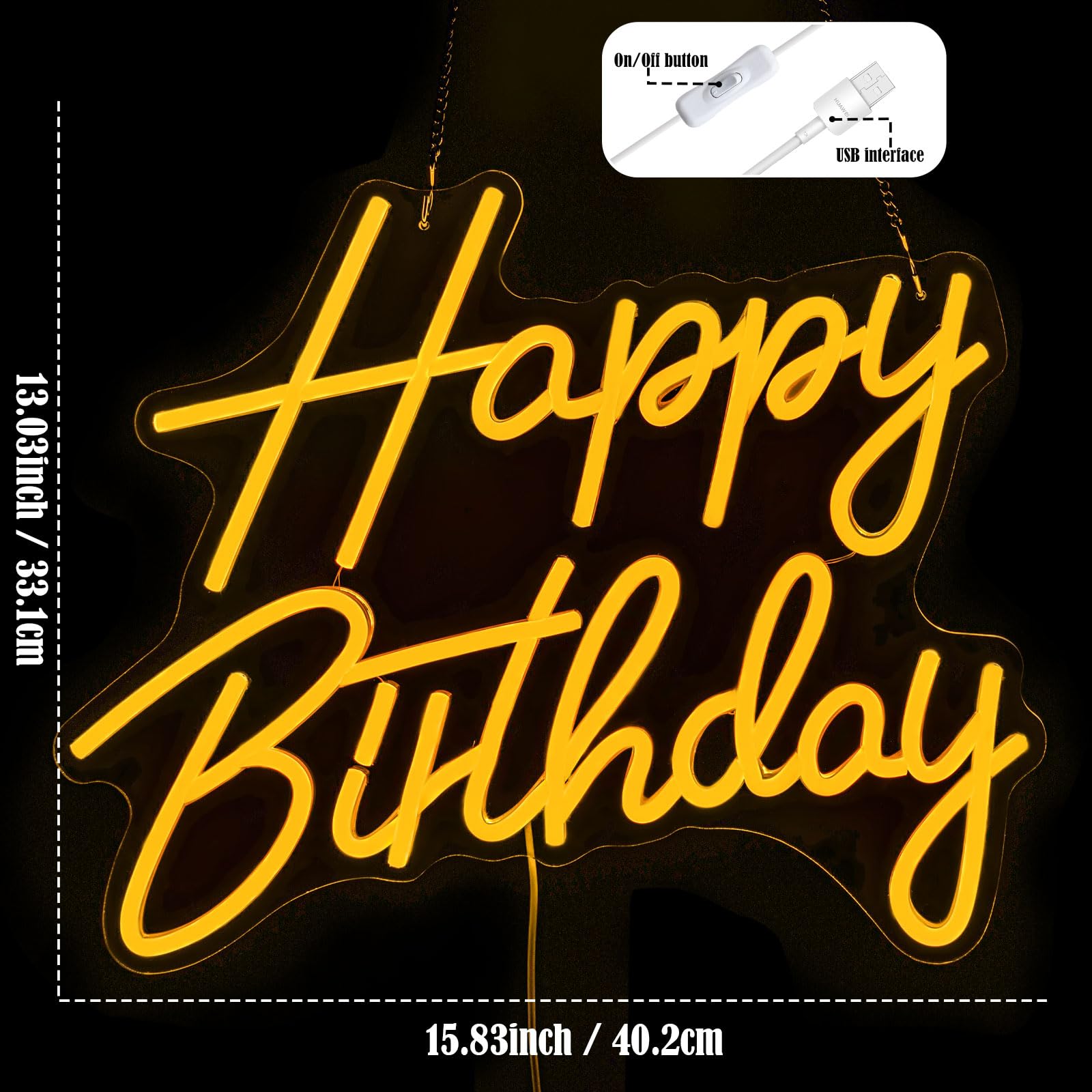 Gevbay LED Neon Happy Birthday Sign for Wall Decor, Warm White, 15.82 x 13.02 Inches, Model GC-2401020-2, USB Powered