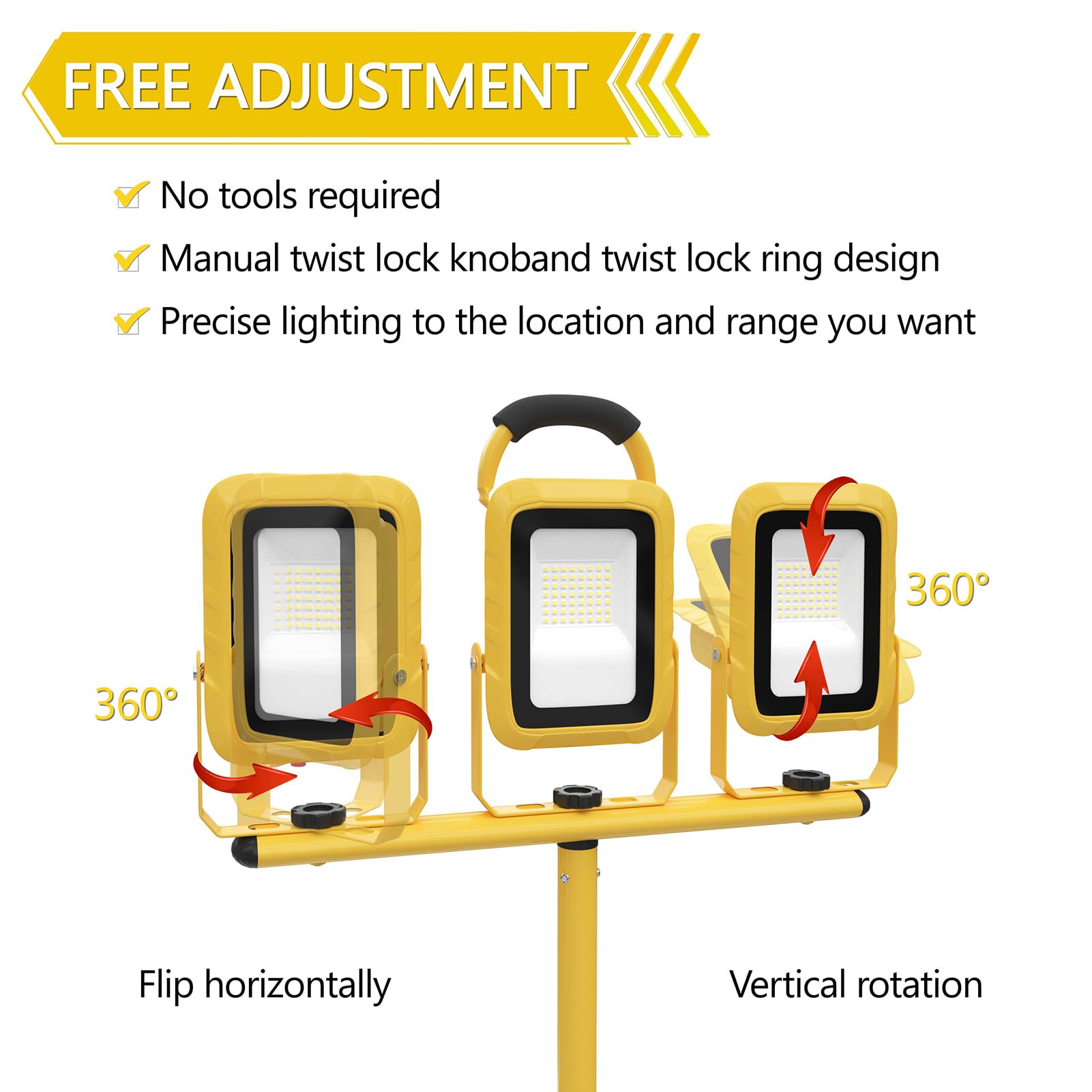 21000 Lumens Work Lights With Stand, 3 Adjustable Head Led Work Light, Waterproof Portable Lights With Individual Switch, Led Flood Light With 72 Inch Adjustable Metal Telescoping Tripod