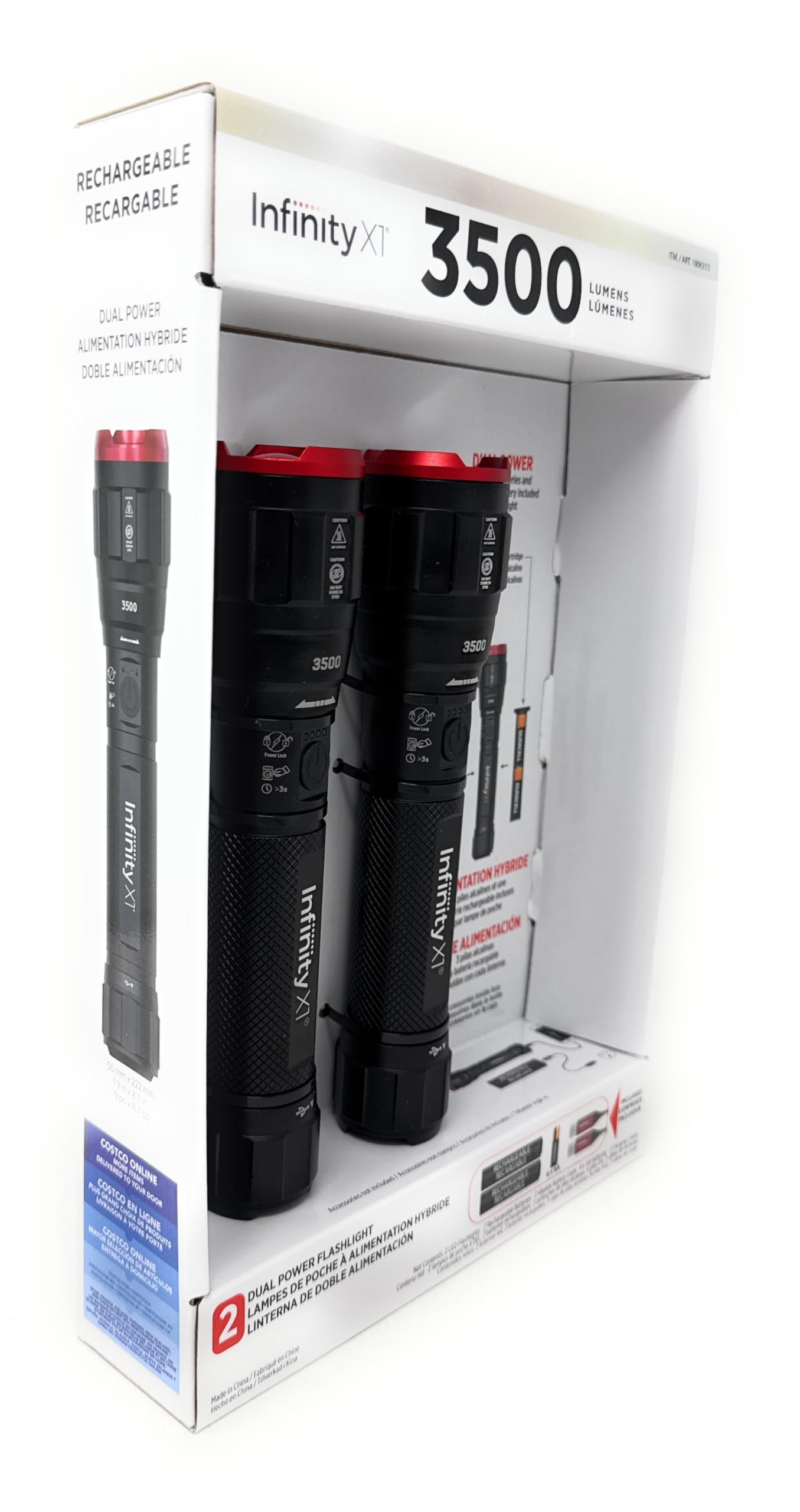 Infinity X1 3500 Lumen Dual Power Flashlight 2-Pack, LED, USB-C Rechargeable, Black, Model 1806333, Includes Batteries and Cables