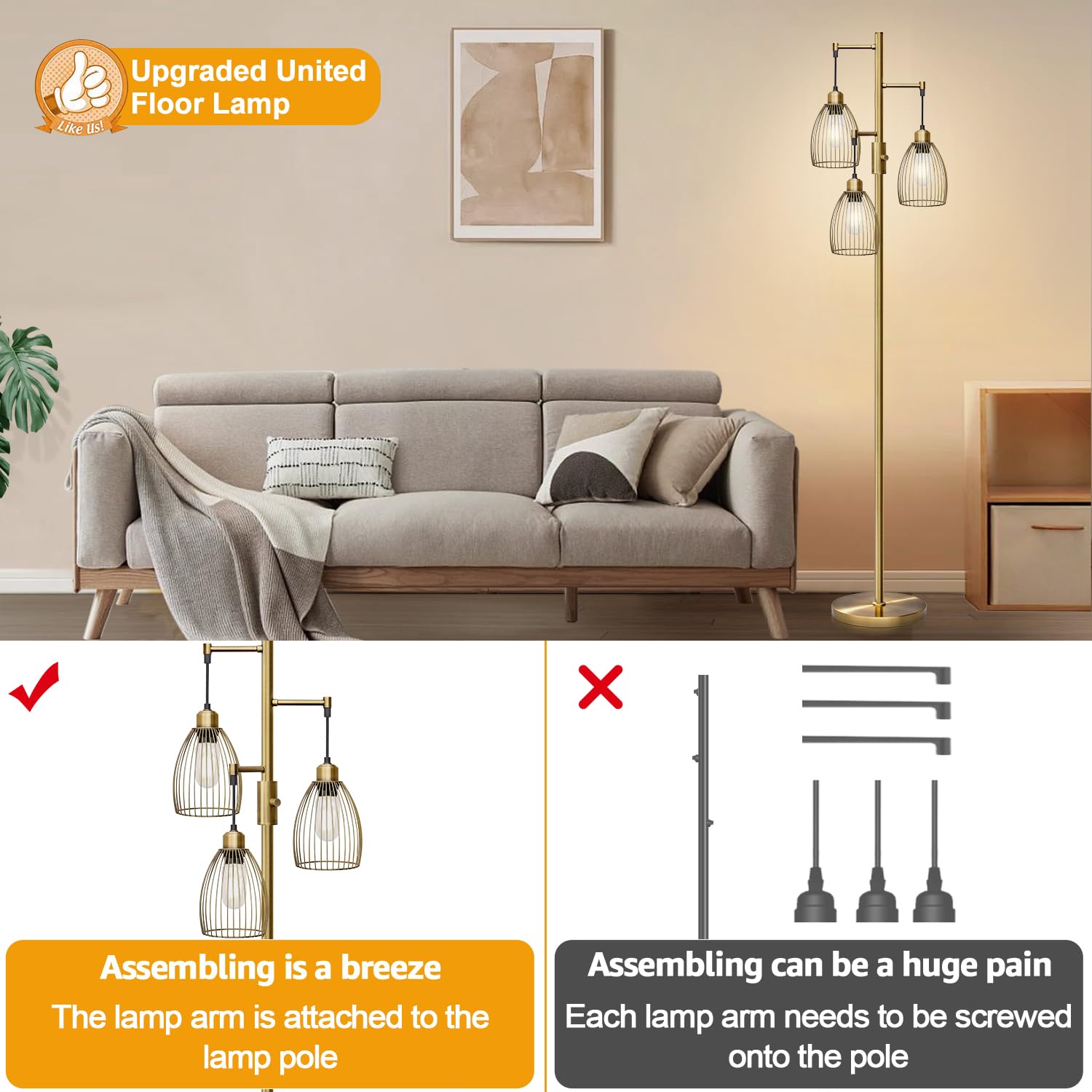 Dimmable Floor Lamp, 3 X 800Lm Led Edison Bulbs Included, Farmhouse Industrial Floor Lamp Standing Tree Lamp With Elegant Teardrop Cage Tall Lamps For Living Room Bedroom Office Dining Room-Brass