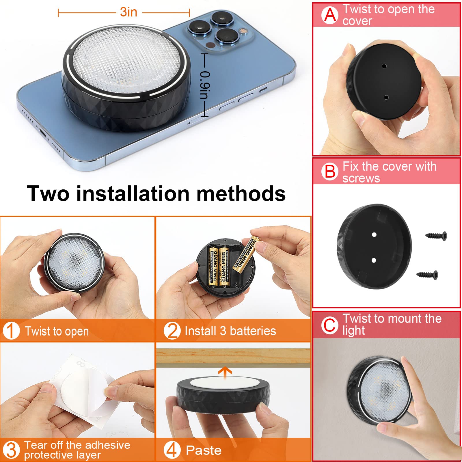 Onumii Battery Operated Puck Lights with Remote - Color Changing, Timer, 2 Pack, Black, Model 5#-F-22-02