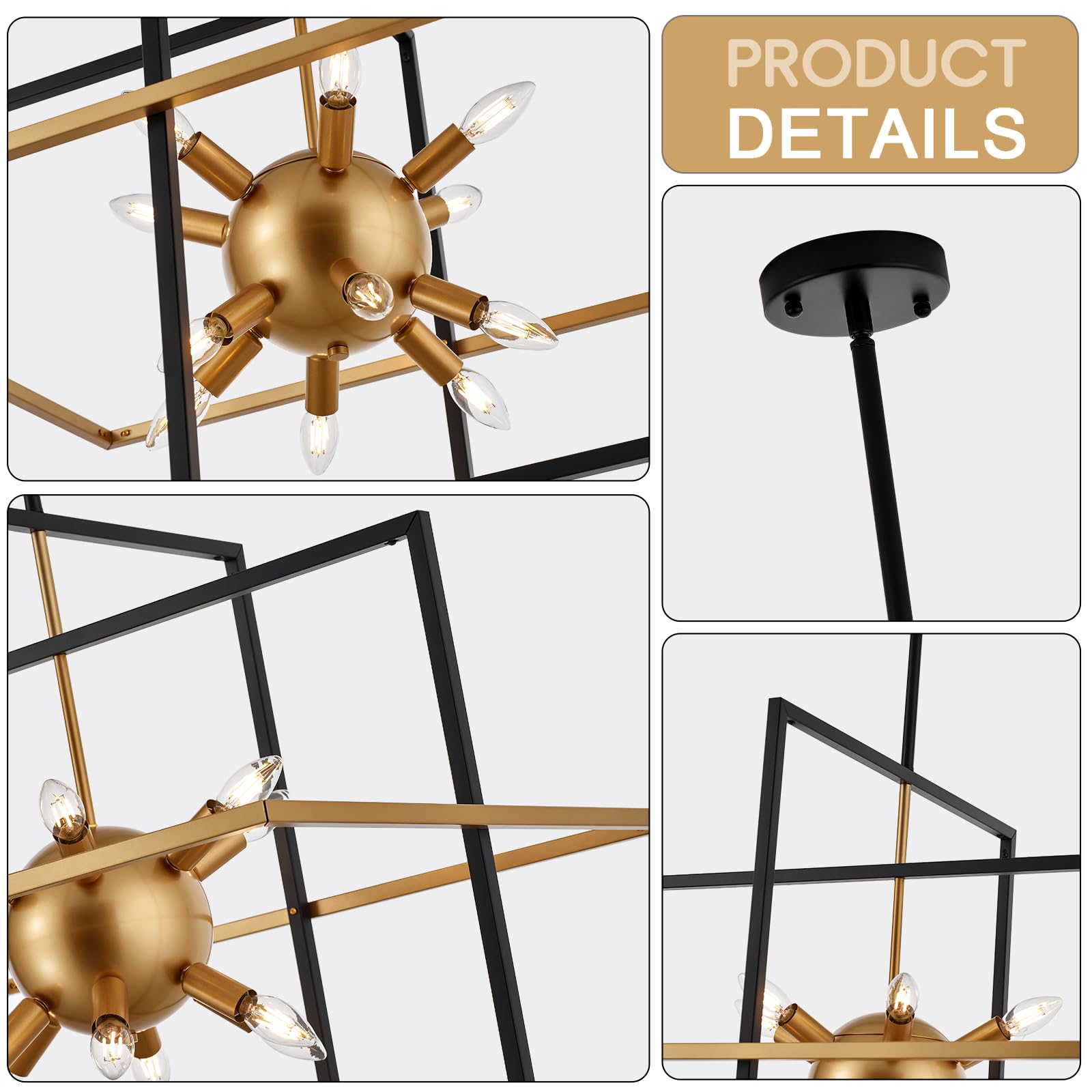 Tacdandm 31.5'' Large Modern Lantern Chandeliers, 12-Light Black Gold Geometric Pendant Light Fixture, Industrial Hanging Chandelier For Entryway Foyer Hallway Dining Room, Kitchen Island