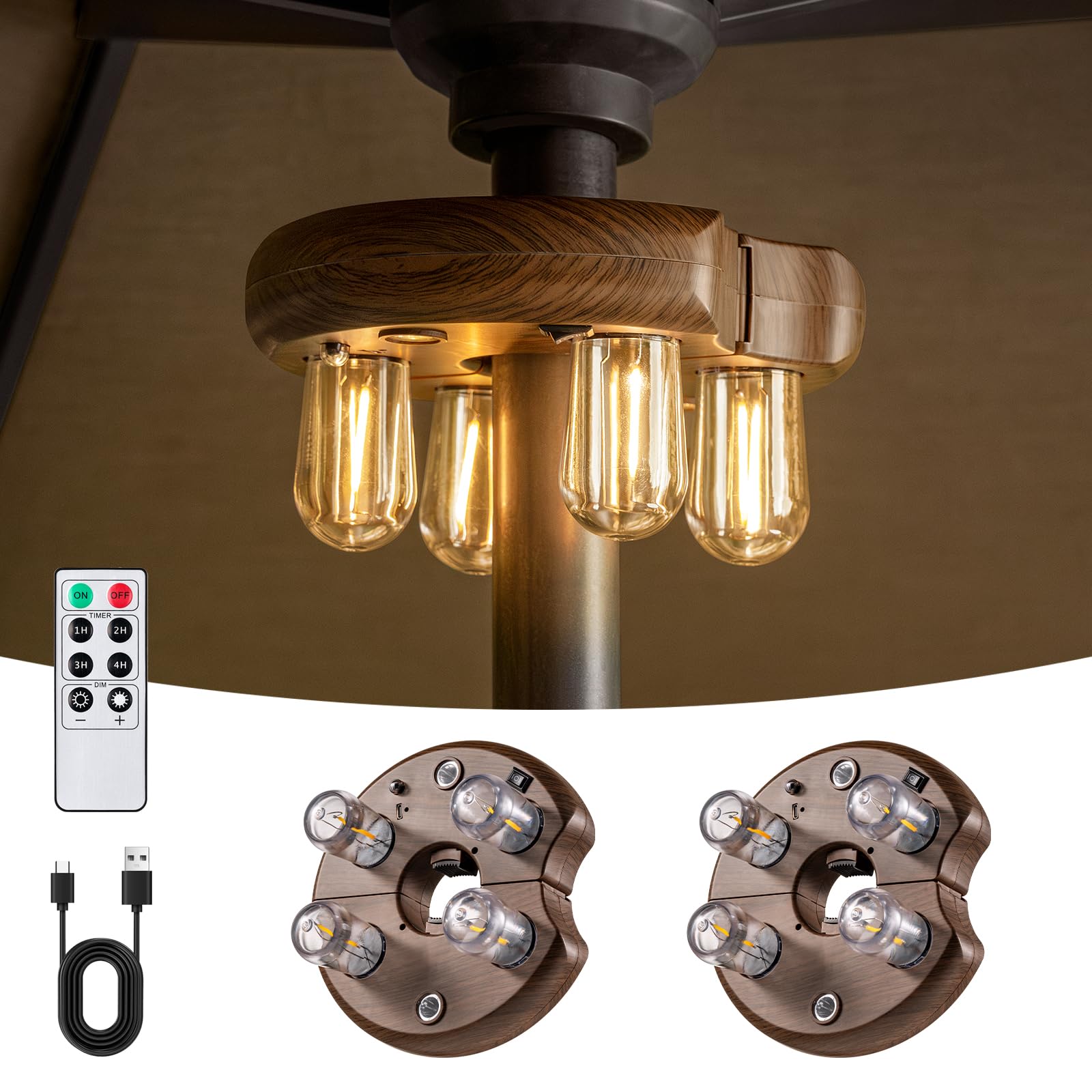 OPOIRA Dark Wood Grain Patio Umbrella Light, Remote Control, Rechargeable LED Edison Bulbs, 10 Brightness Levels, 2 Pack