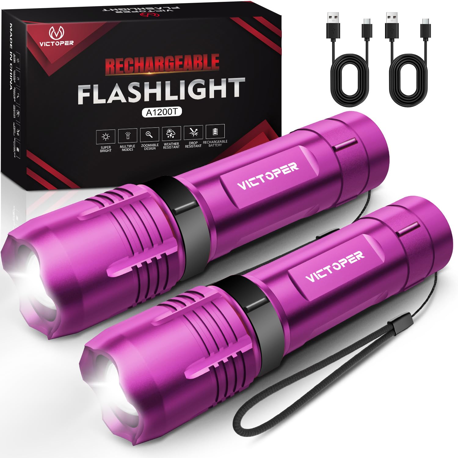 Victoper Pink Rechargeabe Flashlight 2 Pack  High Lumens 5 Modes LED Bright Tactical Flashlights  Waterproof Zoomable Flash Light for Outdoor  Gifts for Camping Essentials Gear
